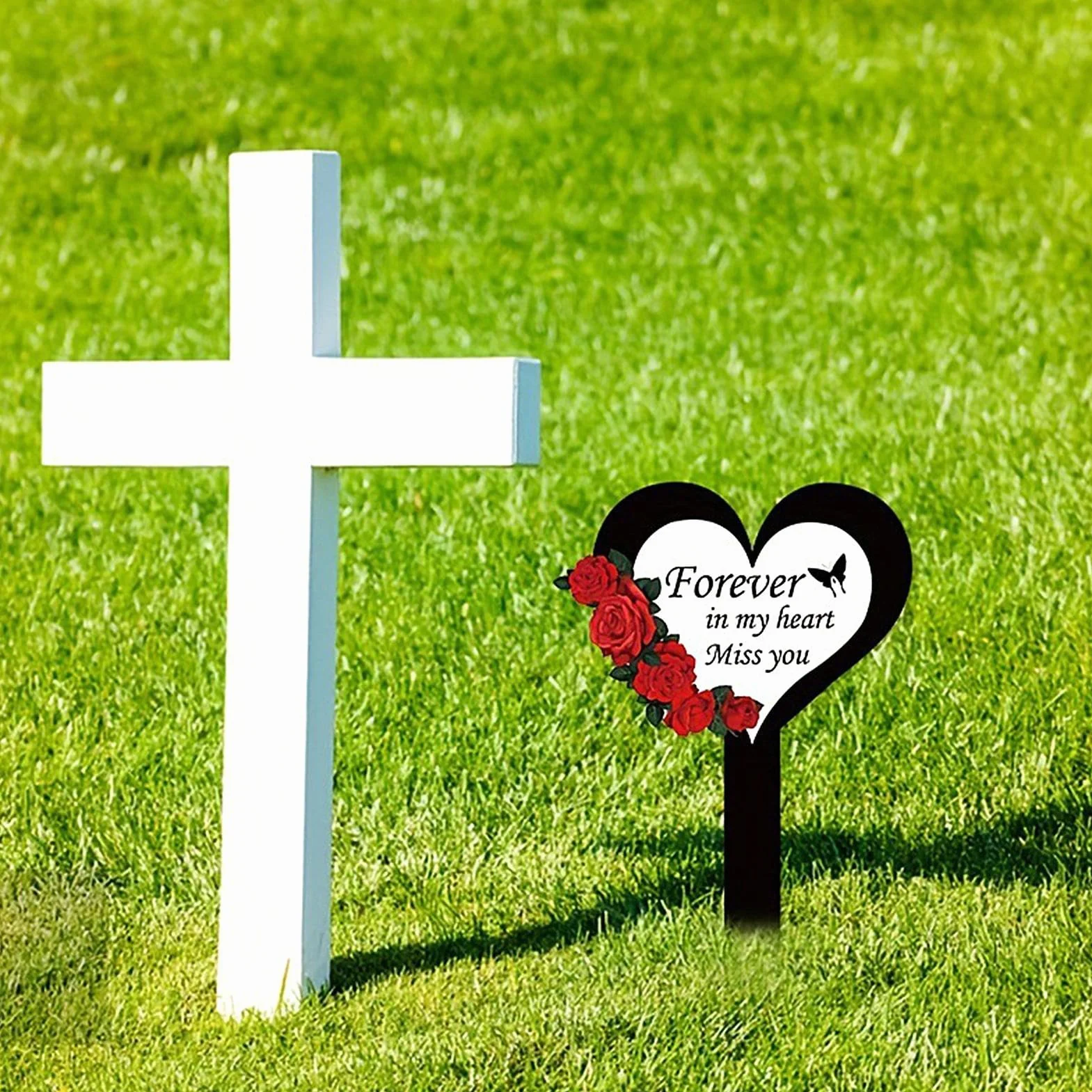 Piquet en Acrylique 2D pour pelouse de cimetière | Forme de cœur et de Croix | Marqueurs funéraires extérieur