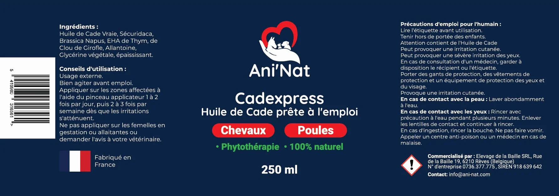 AniNat CADEXPRESS Huile de Cade prête à l'emploi - Soin des Pattes des Poules, Sabots Chevaux - Pot 250ml