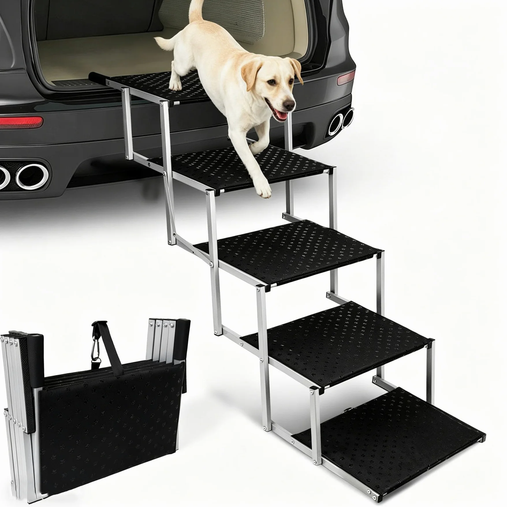 Escalier pour Chien 5 marches, Rampe Voiture pour Chiens Pliable, Charge 113kg, Surface antidérapante, Aluminium léger, Extra Larges marchepied Portable pour Compagnie, Voiture, SUV, Camion argenté