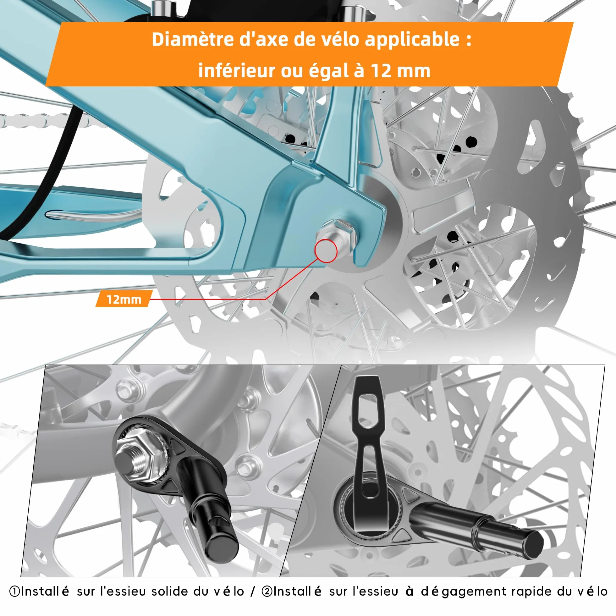 Attelage de Remorque de Vélo 12mm - Adaptateur pour Remorque pour Chien, Noir
