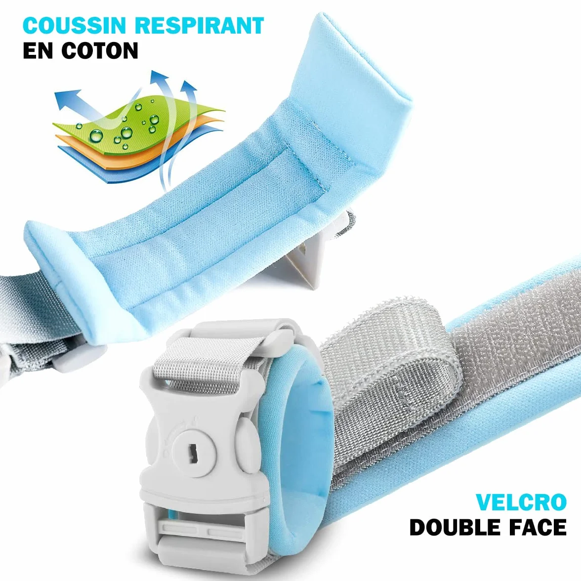 Bracelet Enfant Sécurité BLEU 2m - Laisse Enfant Poignet, Harnais Poussette