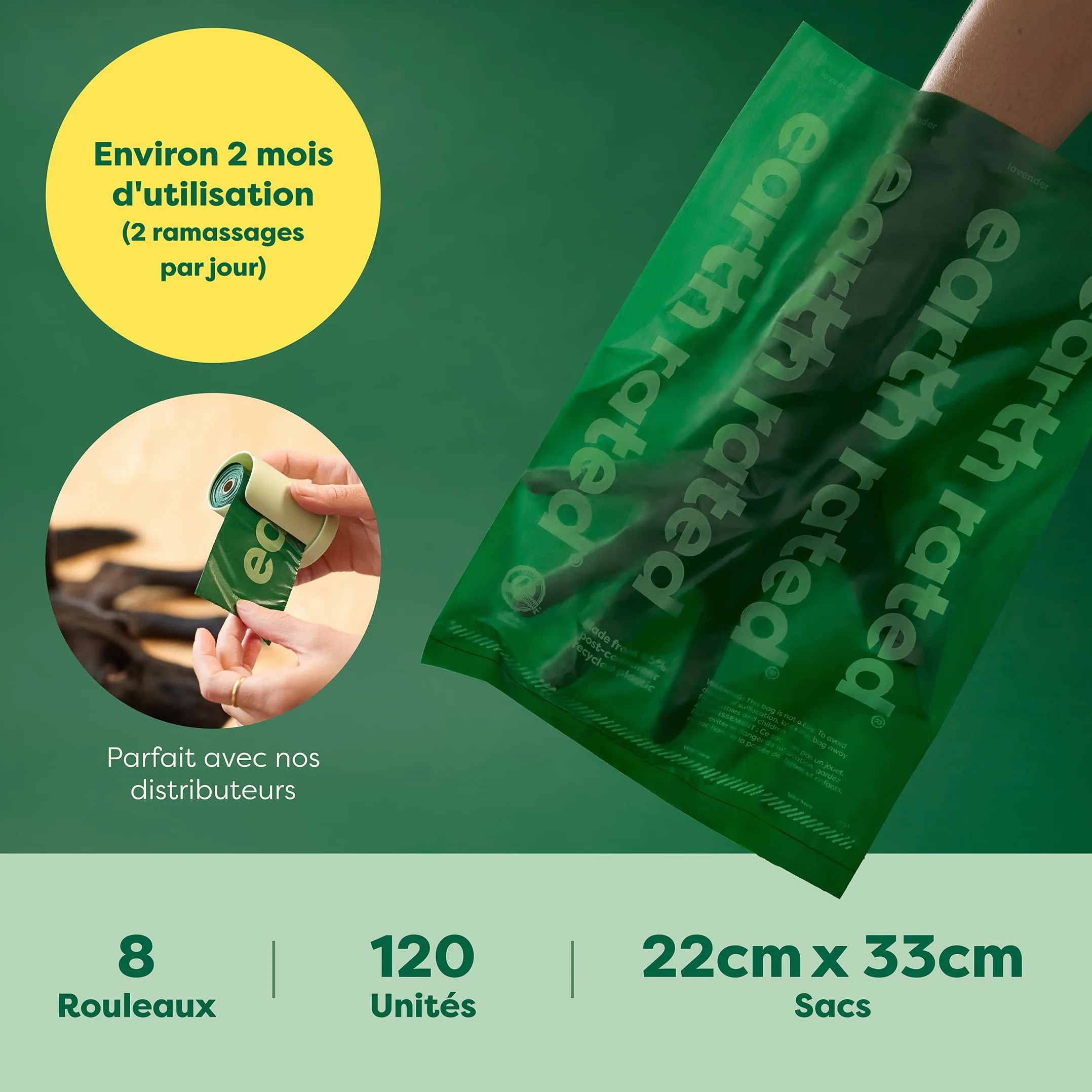Earth Rated Sacs à crottes pour chiens, étanches extra épais, recharges rouleaux lavande 120 sacs