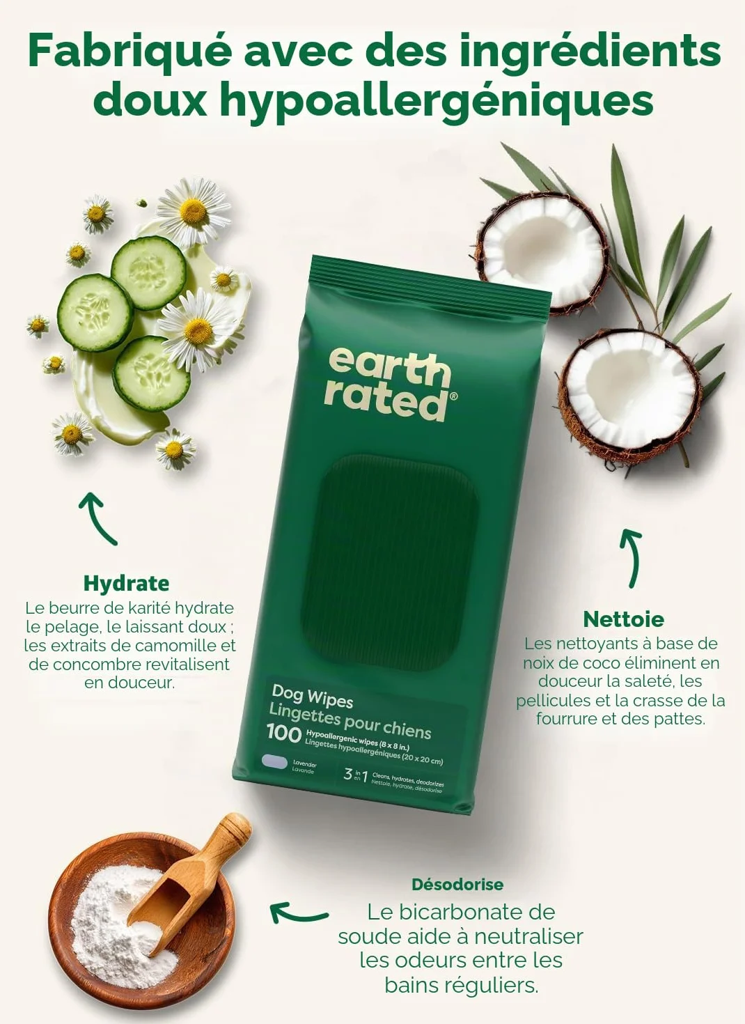 Earth Rated Lingettes hypoallergéniques pour Chiens, Lavande, 100 lingettes