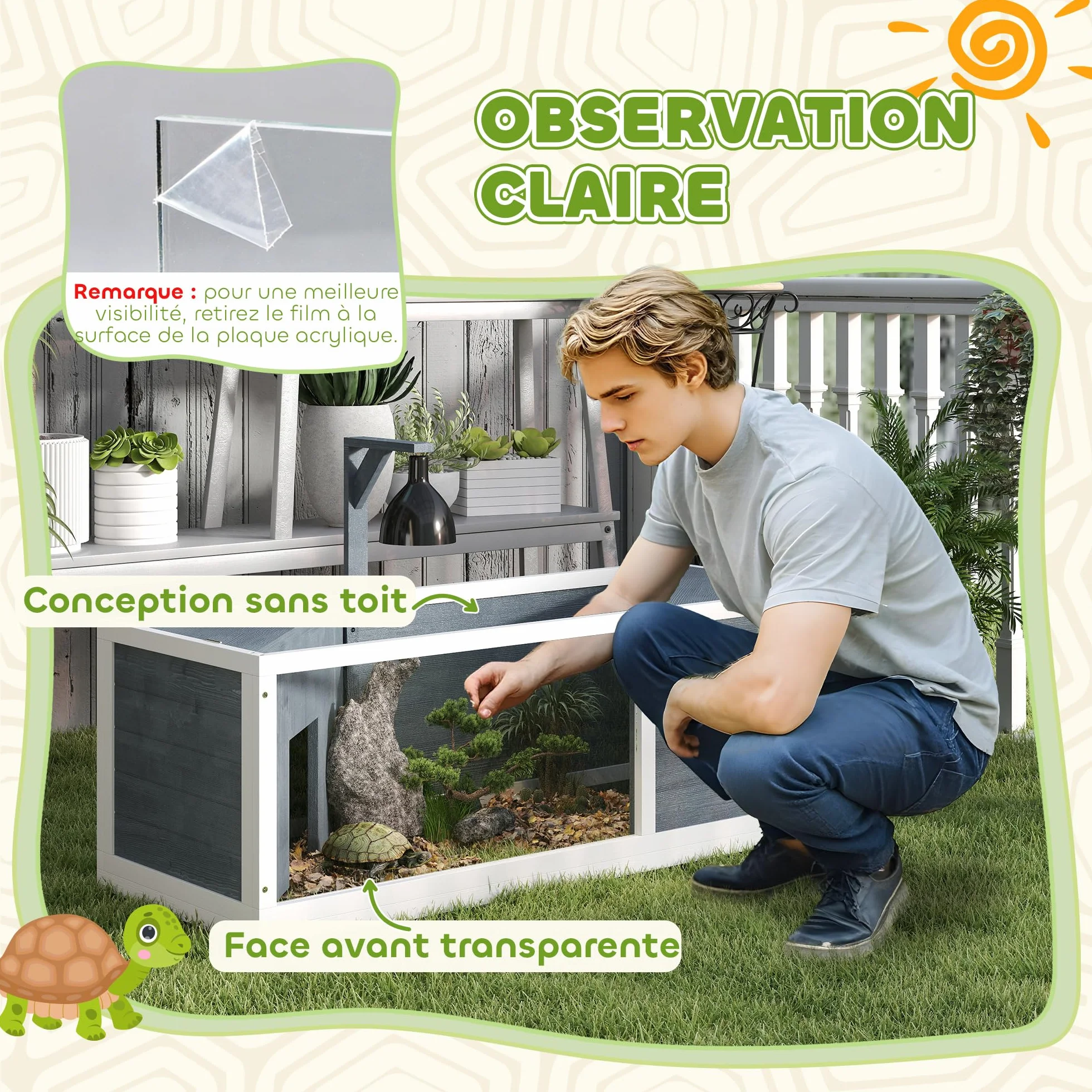 PawHut Maison pour Tortues XL 120 cm Terrarium Tortue terrestre en Bois 2 niches Toit ouvrant Aire de Jeu Ouverte enclos Support Lampe fenêtre panoramique Gris