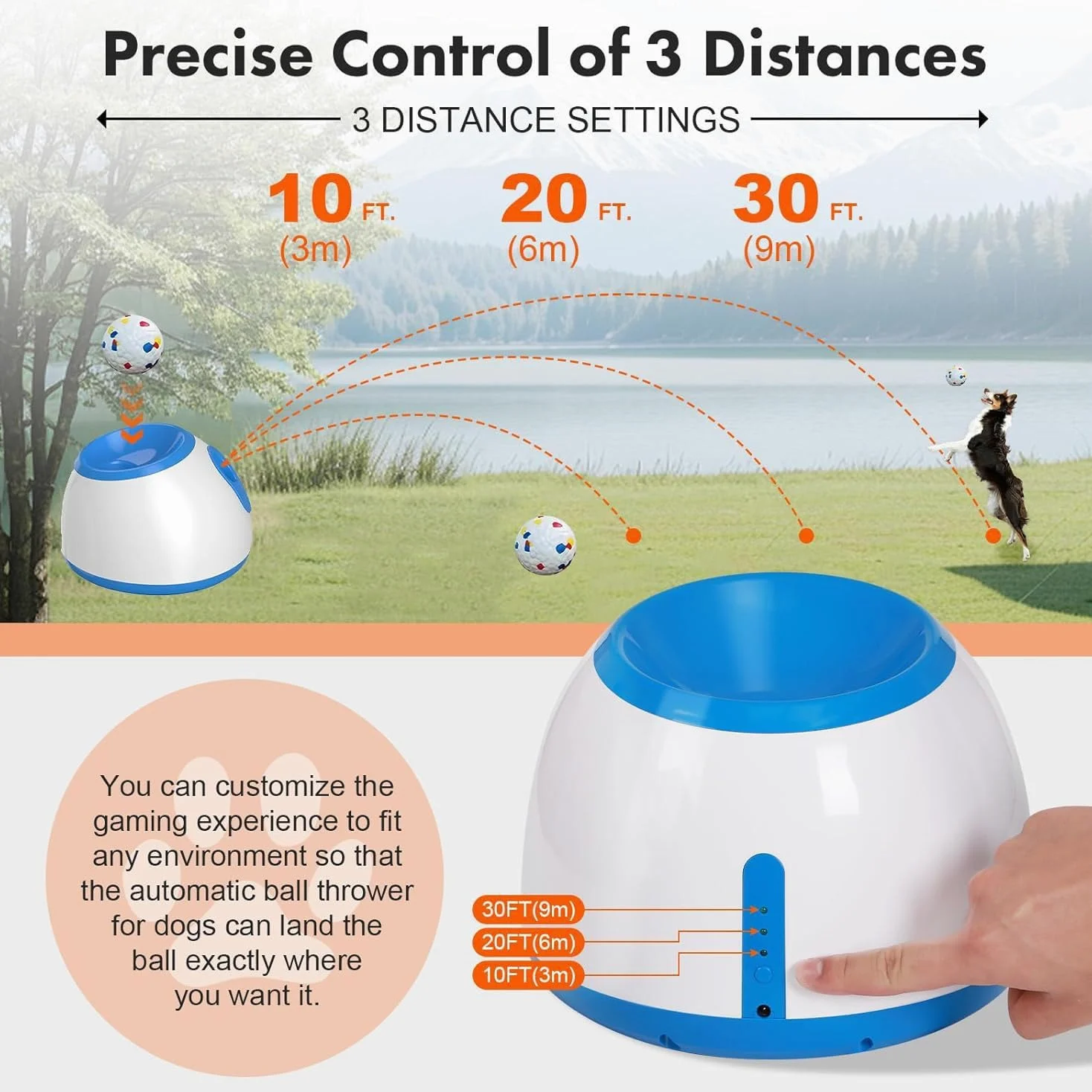 Lanceur de balles automatique pour chien – Petite machine de lancer de balles automatique interactive amusante pour chien avec 3 balles en latex durable, distance de tir réglable de 3 à 9 m, adaptée