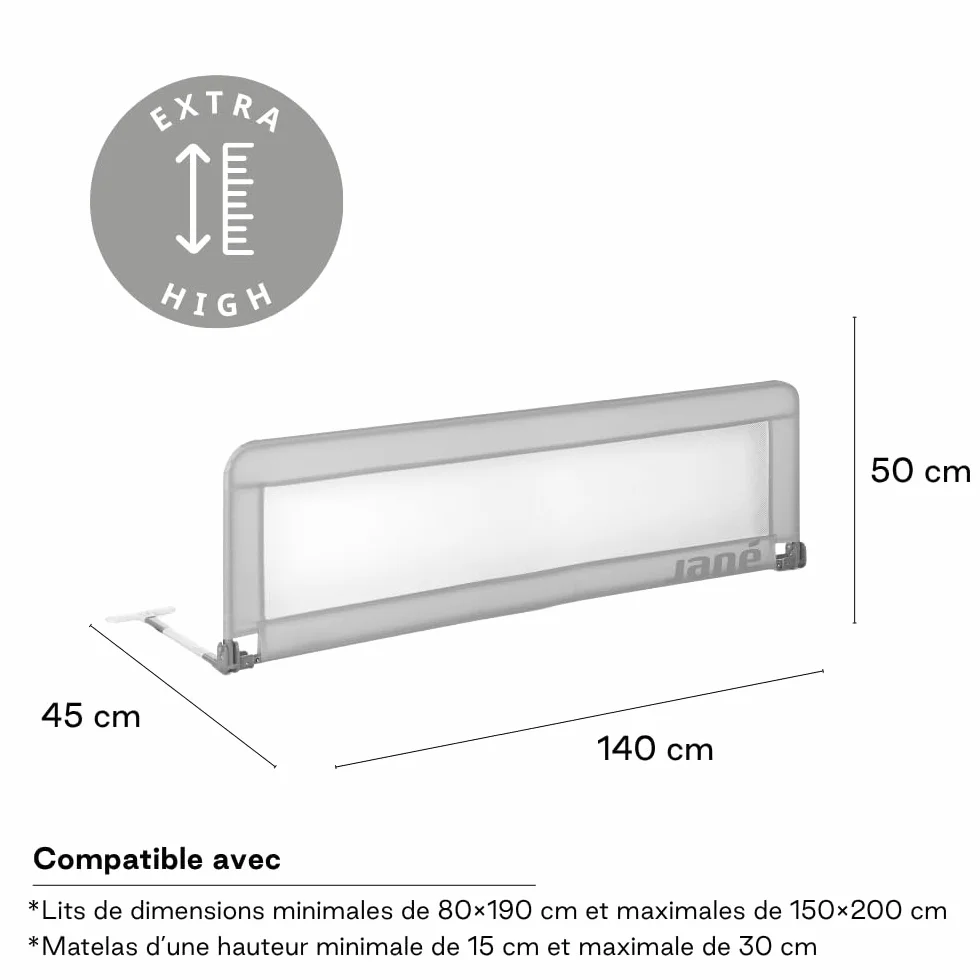 Jané Barrière de Lit Rabattable 140 cm, Extra Haute, Maille Respirante, Sac de Transport Inclus, Gris