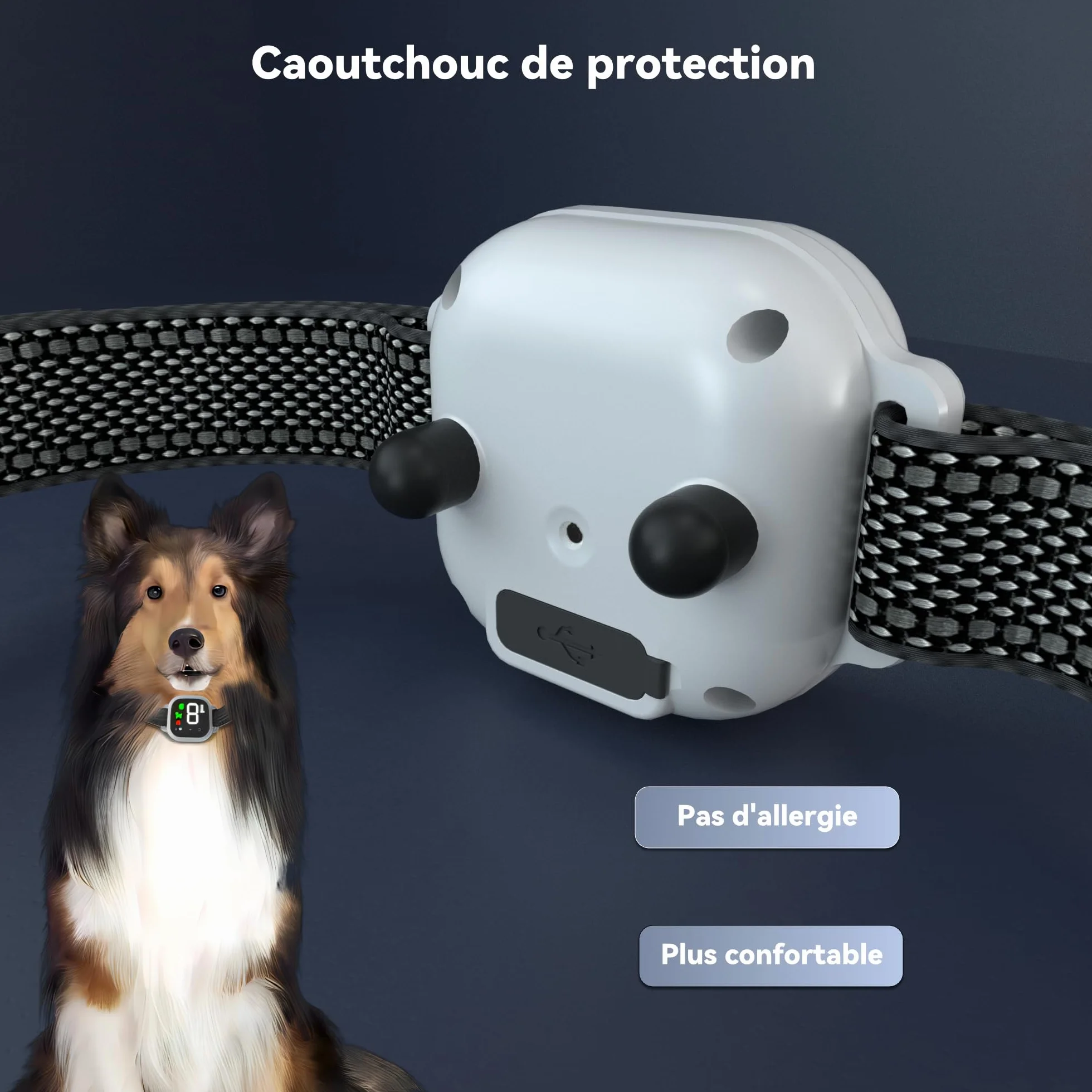 Collier Anti Aboiement Chien Intelligent 4 Modes Son Vibration Choc Statique IP67 Étanche Rechargeable Blanc