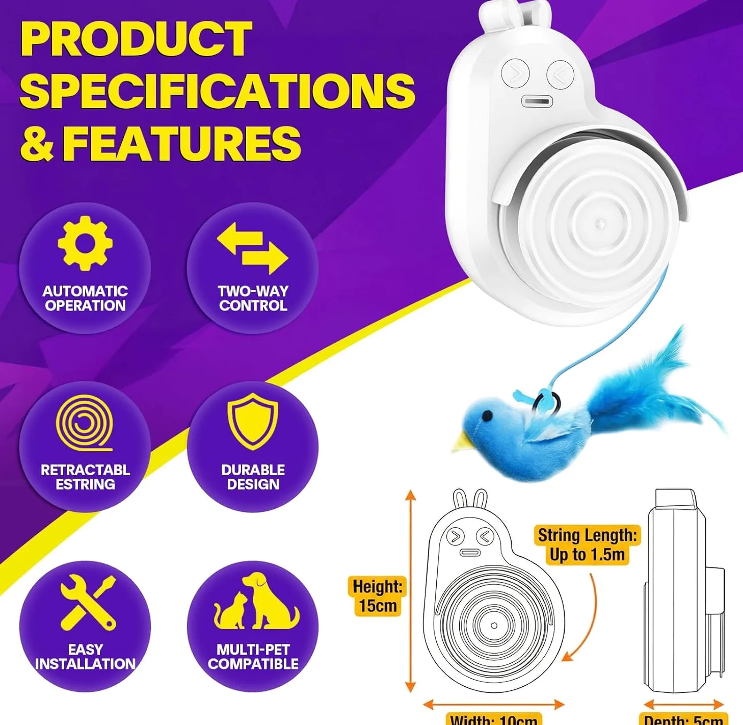 Jouets interactifs pour chats d'intérieur : plume d'oiseau volant automatique électrique et baguette de souris, jouet d'enrichissement électrique rechargeable pour chatons ennuyés et chats adultes