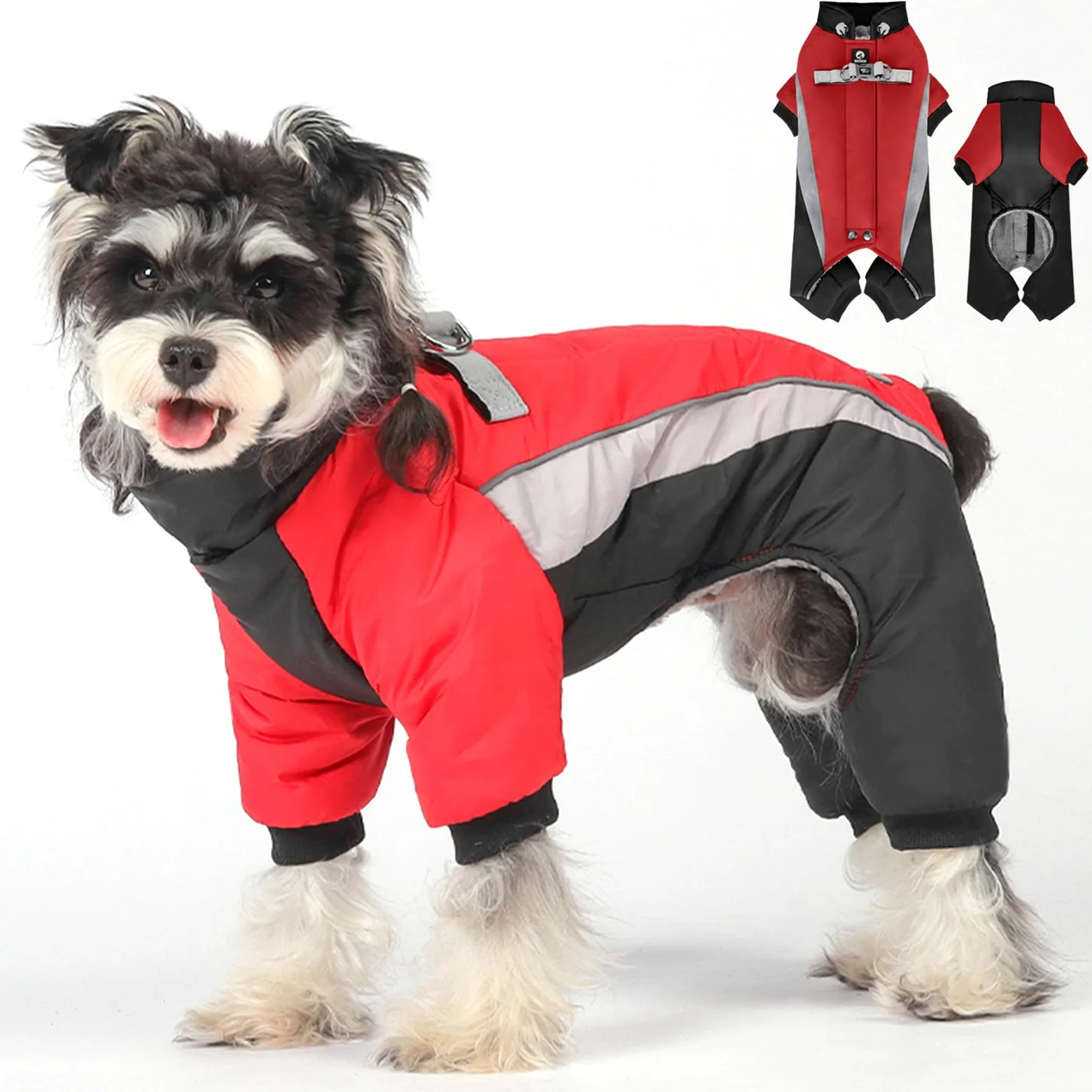 Manteau d'hiver pour chien – Veste chaude, réglable et imperméable à 4 pattes avec anneau en D et bandes réfléchissantes pour chiens de petite et grande taille (noir et rouge, taille XXL)