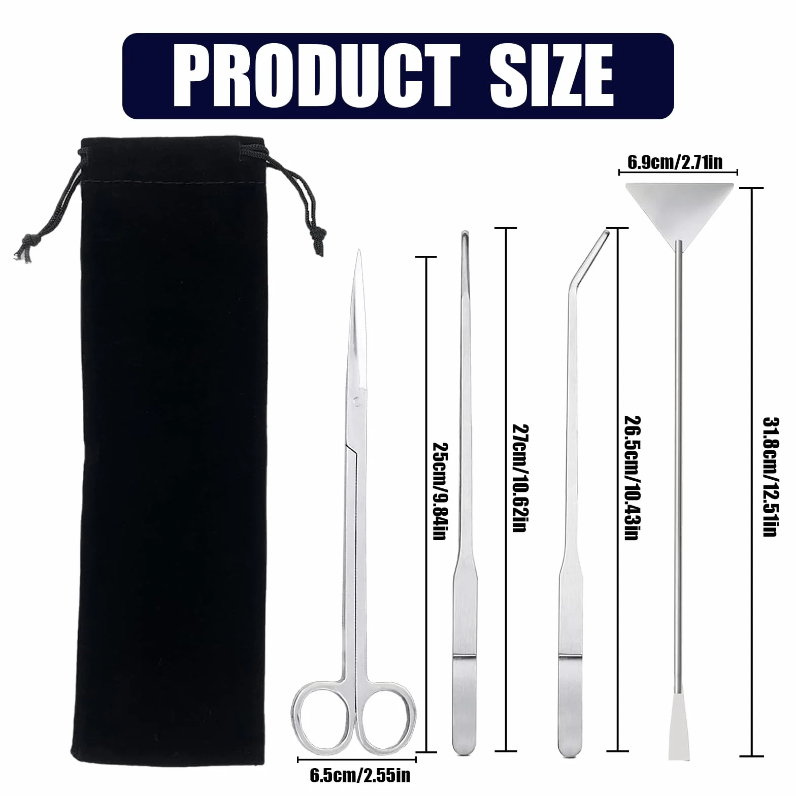 Kit d'outils d'aquarium en acier inoxydable 4 en 1, pince à aquascaping avec ciseaux, spatule et sac de rangement