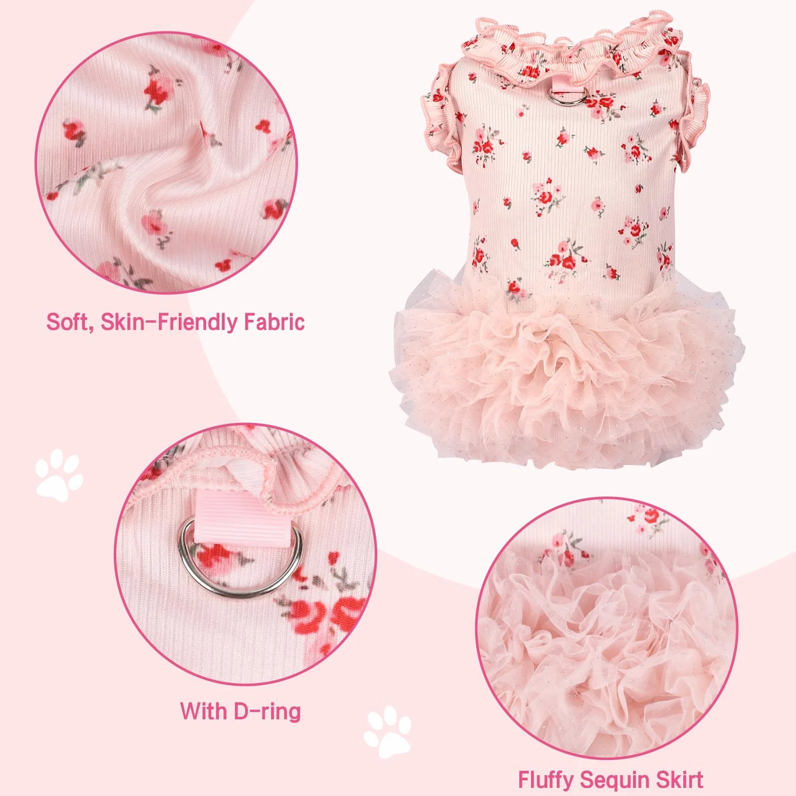 Robe florale avec anneau en D pour petits chiens et chats été intérieur extérieur