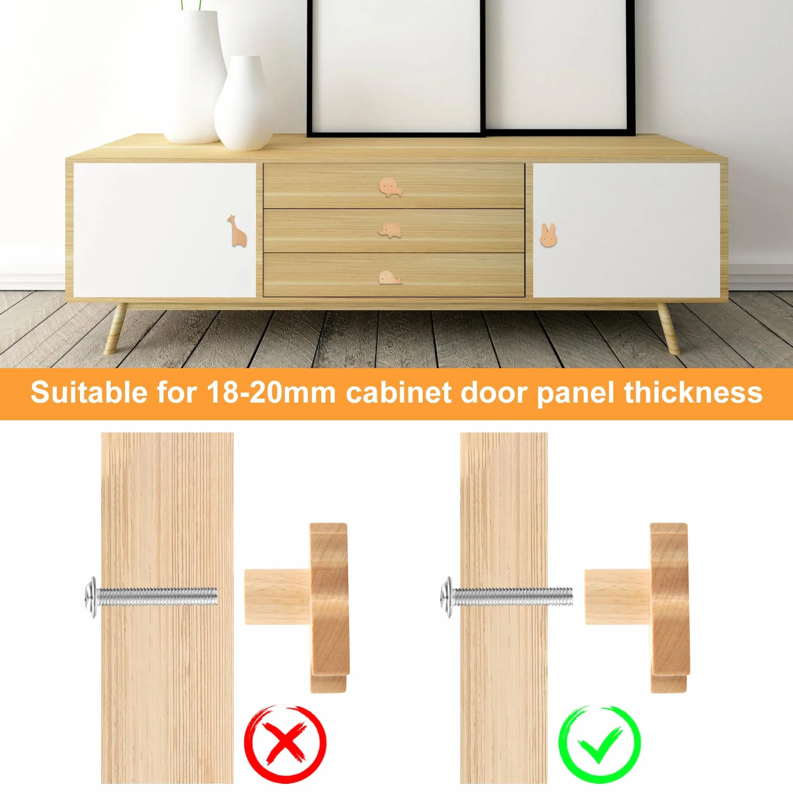 BRISKORE Lot de 6 boutons d'armoire en bois pour chambre d'enfant, forme animal, avec vis
