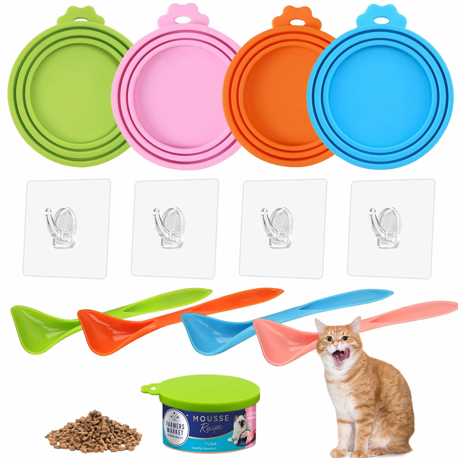 Lot de 4 couvercles de boîtes de conserve pour nourriture pour chat Couvercles universels en silicone pour boîtes de nourriture pour animaux de compagnie 3 en 1 tailles standards avec 4 crochets en