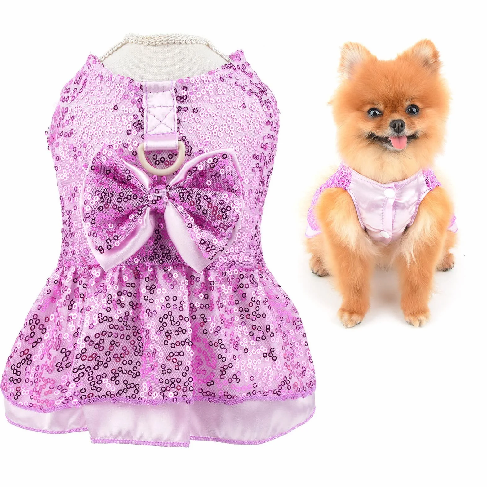 Robe Harnais à Paillettes métalliques pour Chien, avec Anneau en D, Fuchsia, M