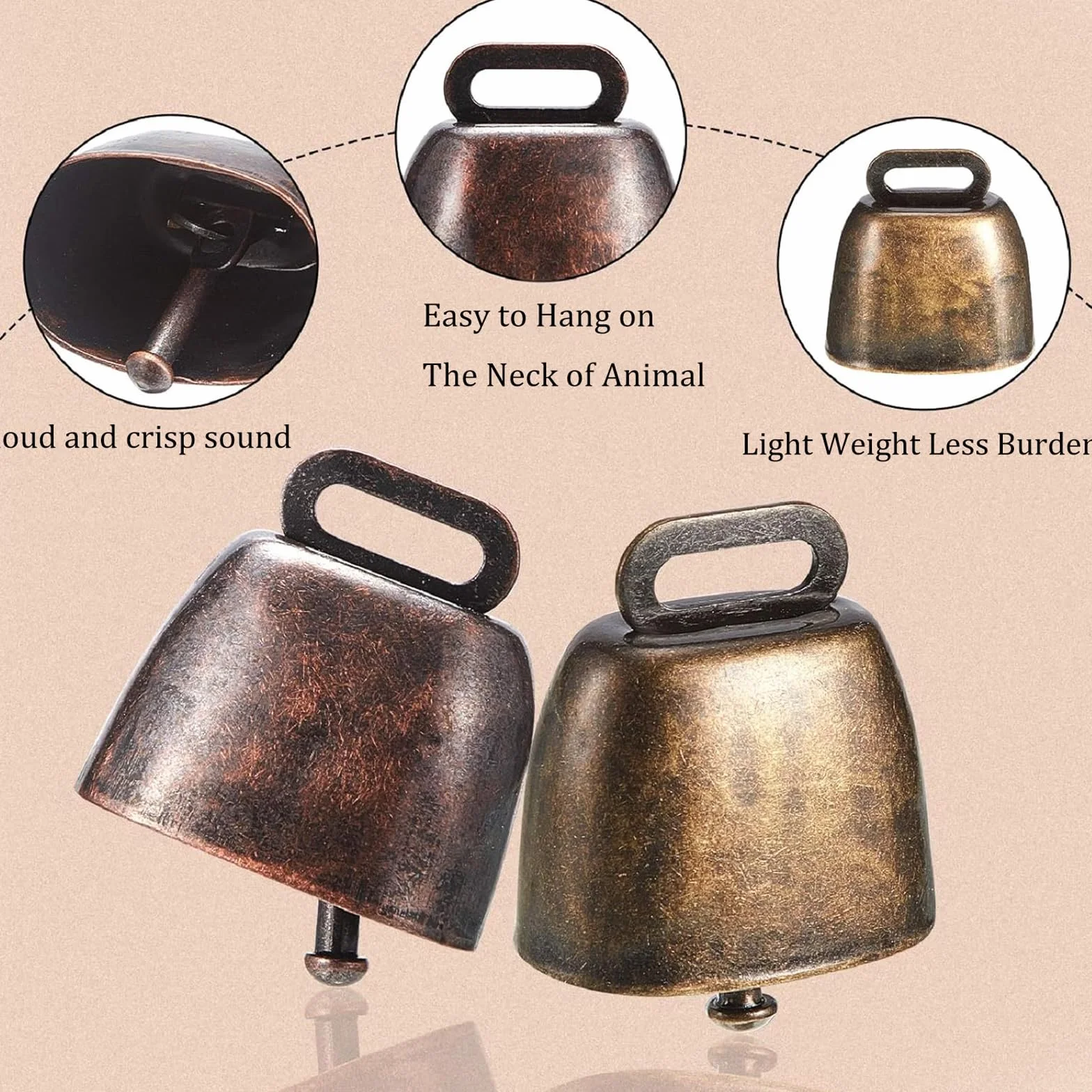 Clochette de Vache en Cuivre et Bronze avec 10 Boucles Métalliques et 20 M de Ficelle de Chanvre pour Bovins