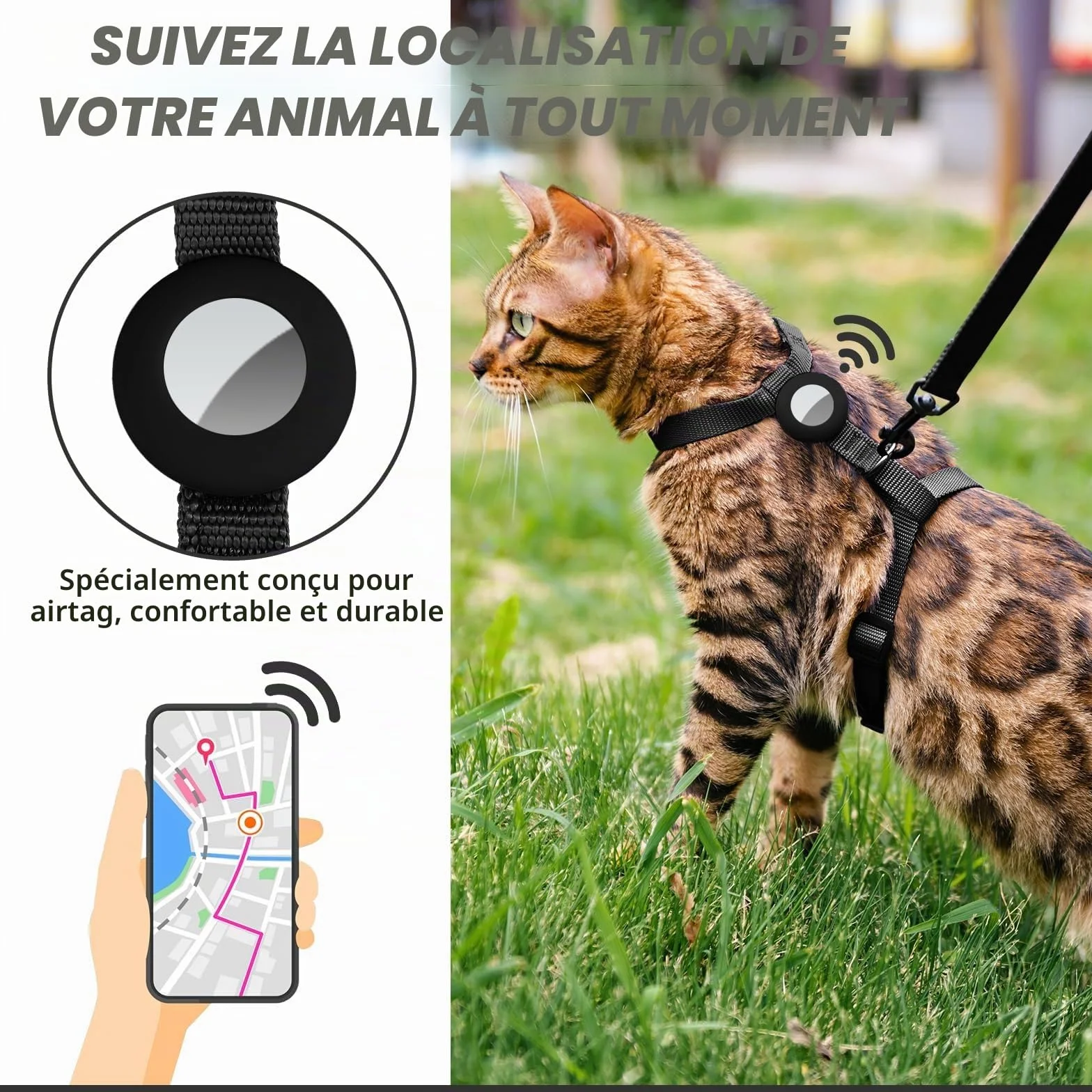 Harnais Anti-Fugue pour Chaton avec Support Airtag, Gilet Réglable Léger (Noir)
