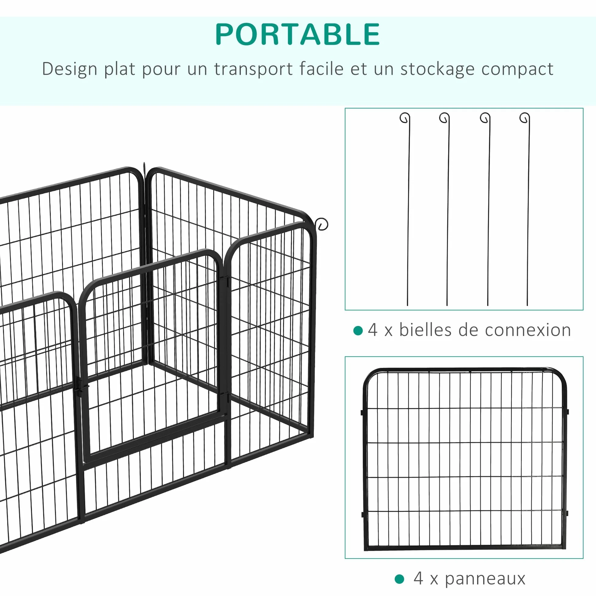 PawHut Luxe Parc enclos modulable Acier 4 Panneaux 1 Porte pour Chiens Lapins Petits Animaux 125x80x70 cm Noir