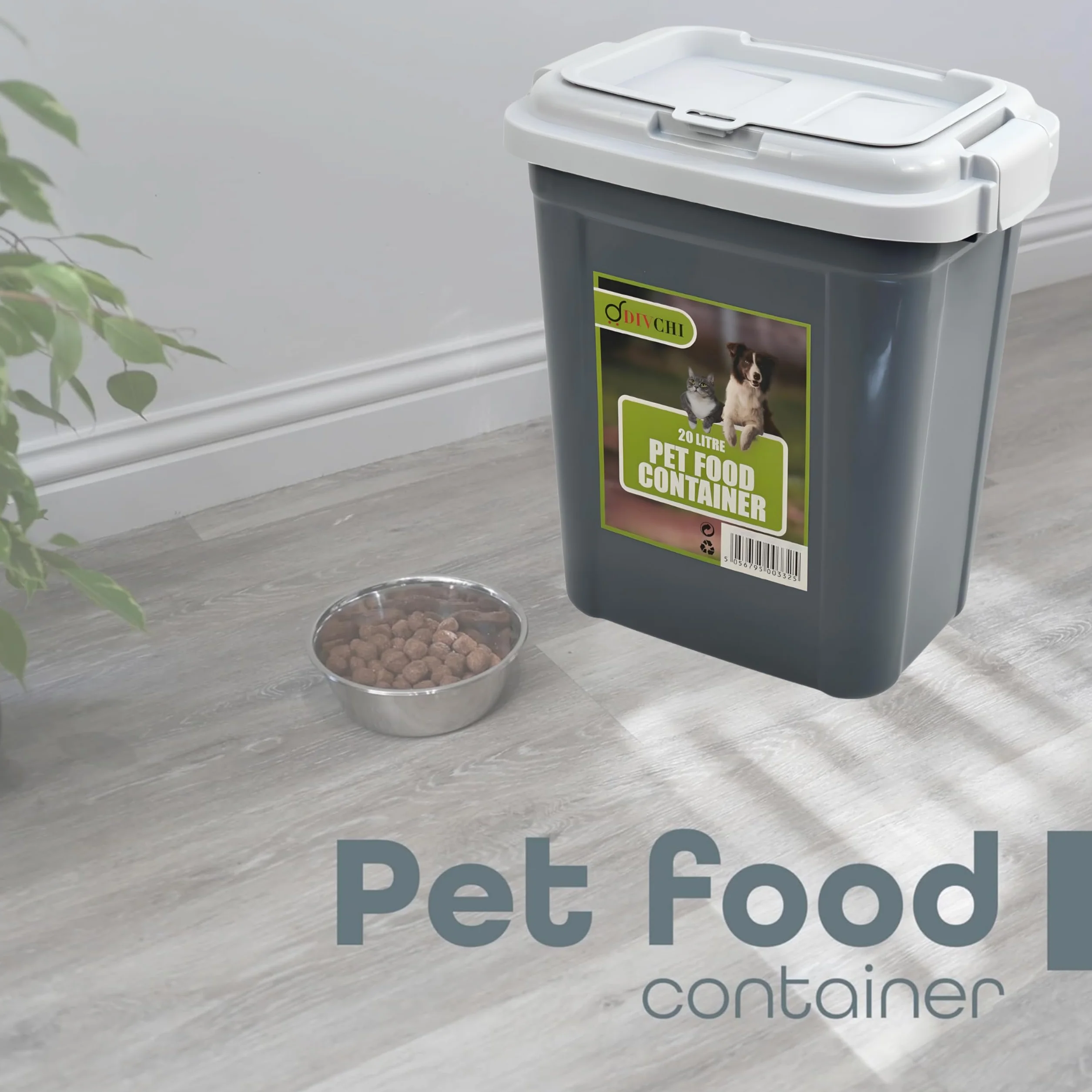 DIVCHI Conteneur de stockage d'aliments pour animaux domestiques avec système de verrouillage à rabat avec pelle intégrée en plastique hermétique pour oiseaux, chiens, chats, animaux domestiques (gris