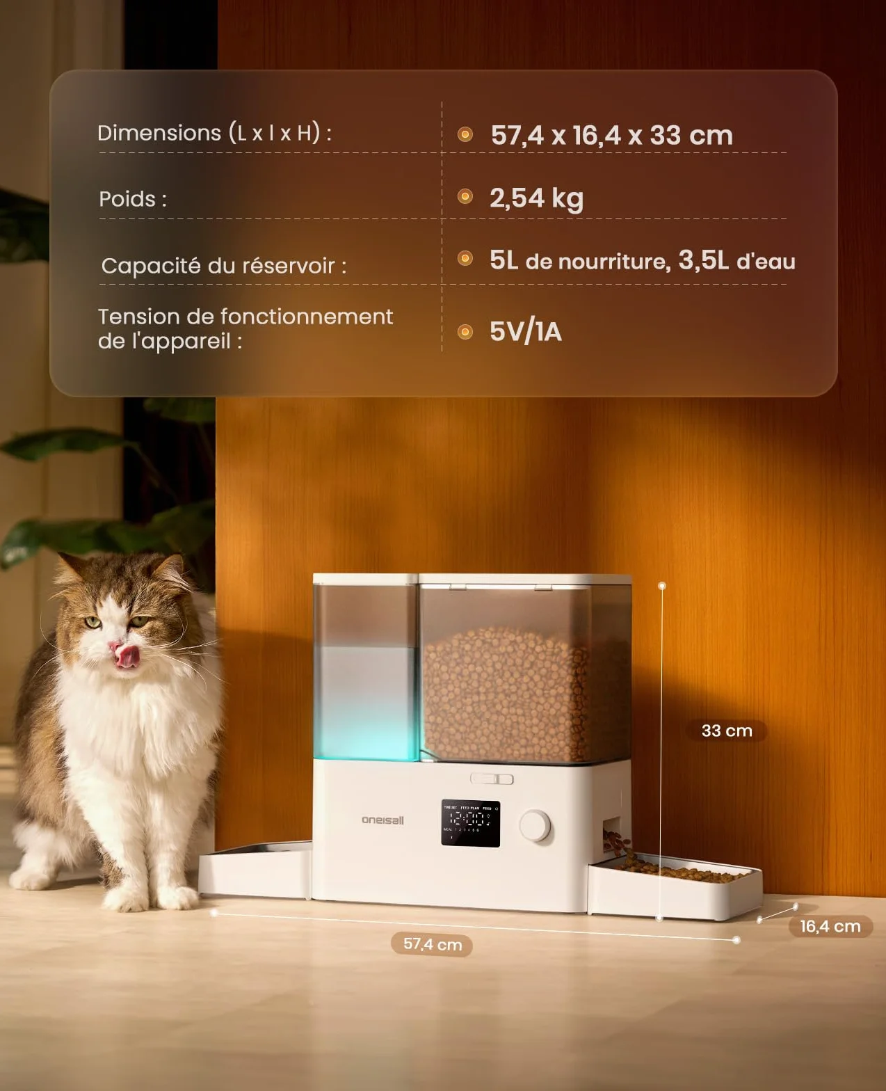 Oneisall Distributeur d'eau et d'alimentation Automatique pour Chat, 36 Tasses/8,5 L, 2 en 1, Grande Capacité