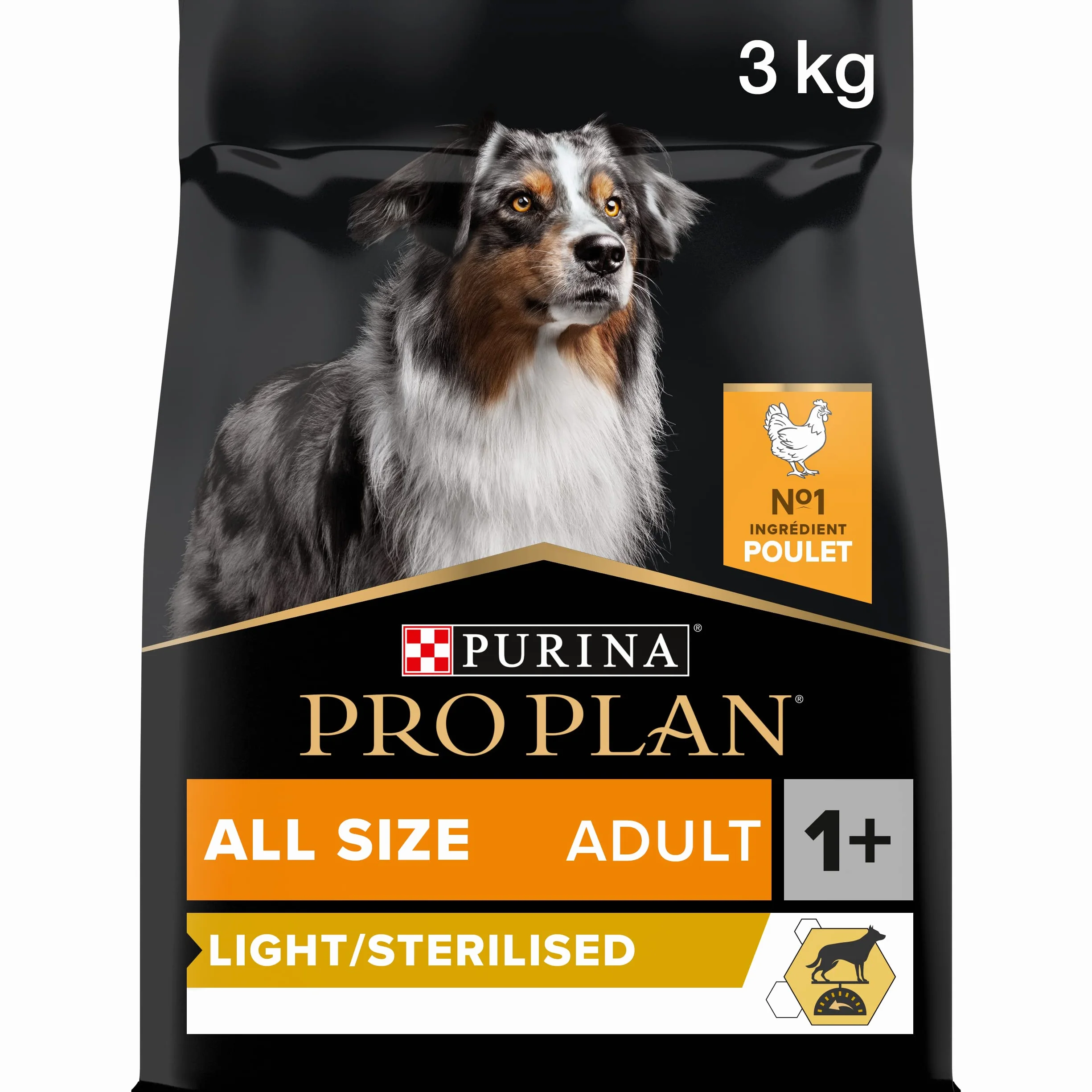 Purina PRO PLAN Adulte Toutes Tailles Light Stérilisé Aliment Sec pour Chien Gestion du Poids Riche en Protéines Faible en Matières Grasses Poulet 3kg