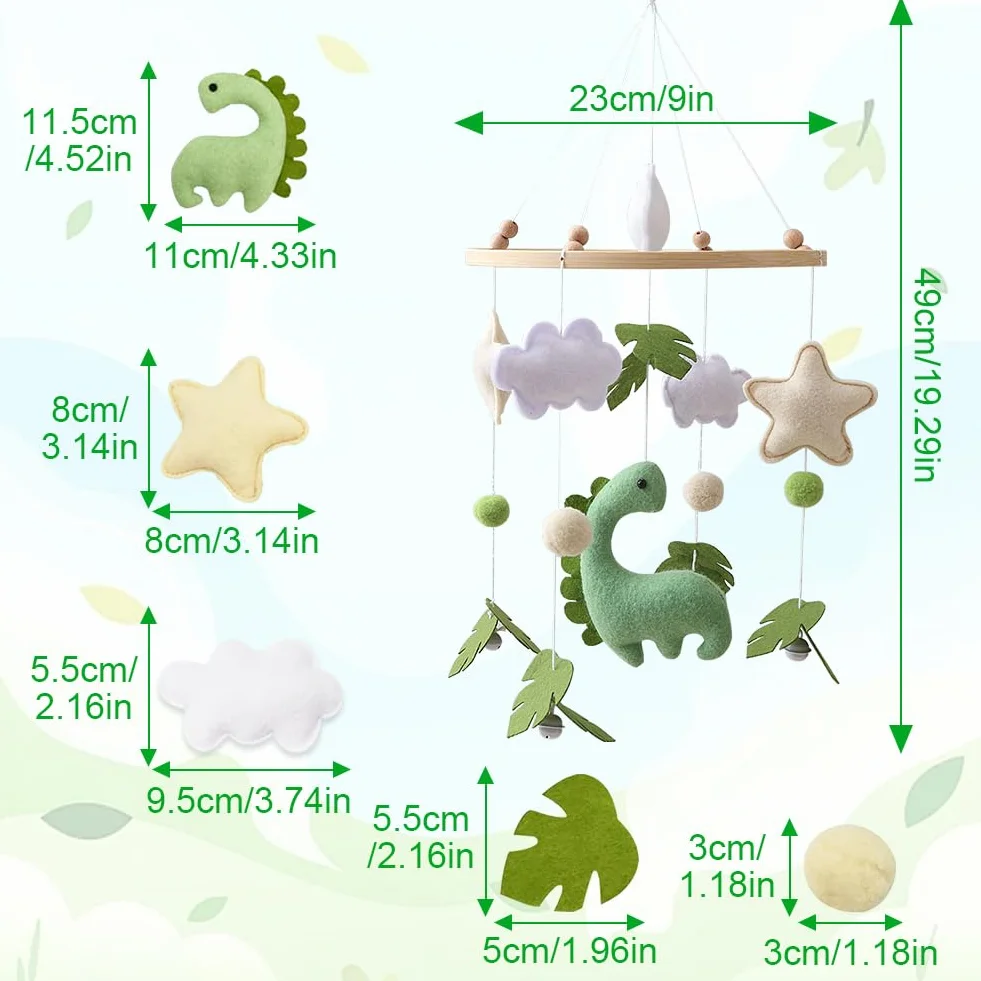 Mobile Lit Bébé Bois avec Feutre Dinosaures Feuilles Nuages Étoiles Clochette Cadeau Fille Garçon