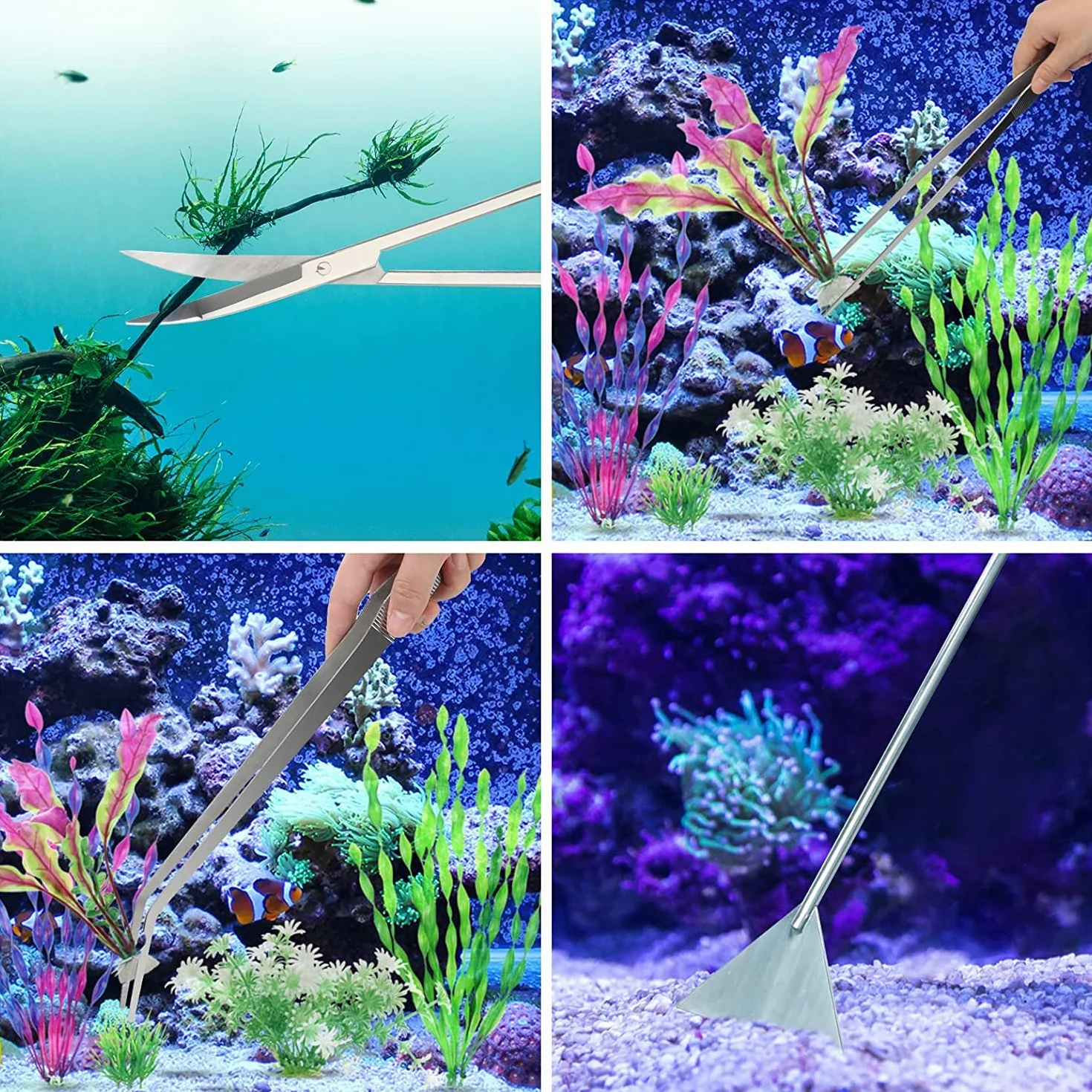 Kit 4 en 1 pour aquarium en acier inoxydable 38 cm argenté - Pince à épiler, Ciseaux, Spatule