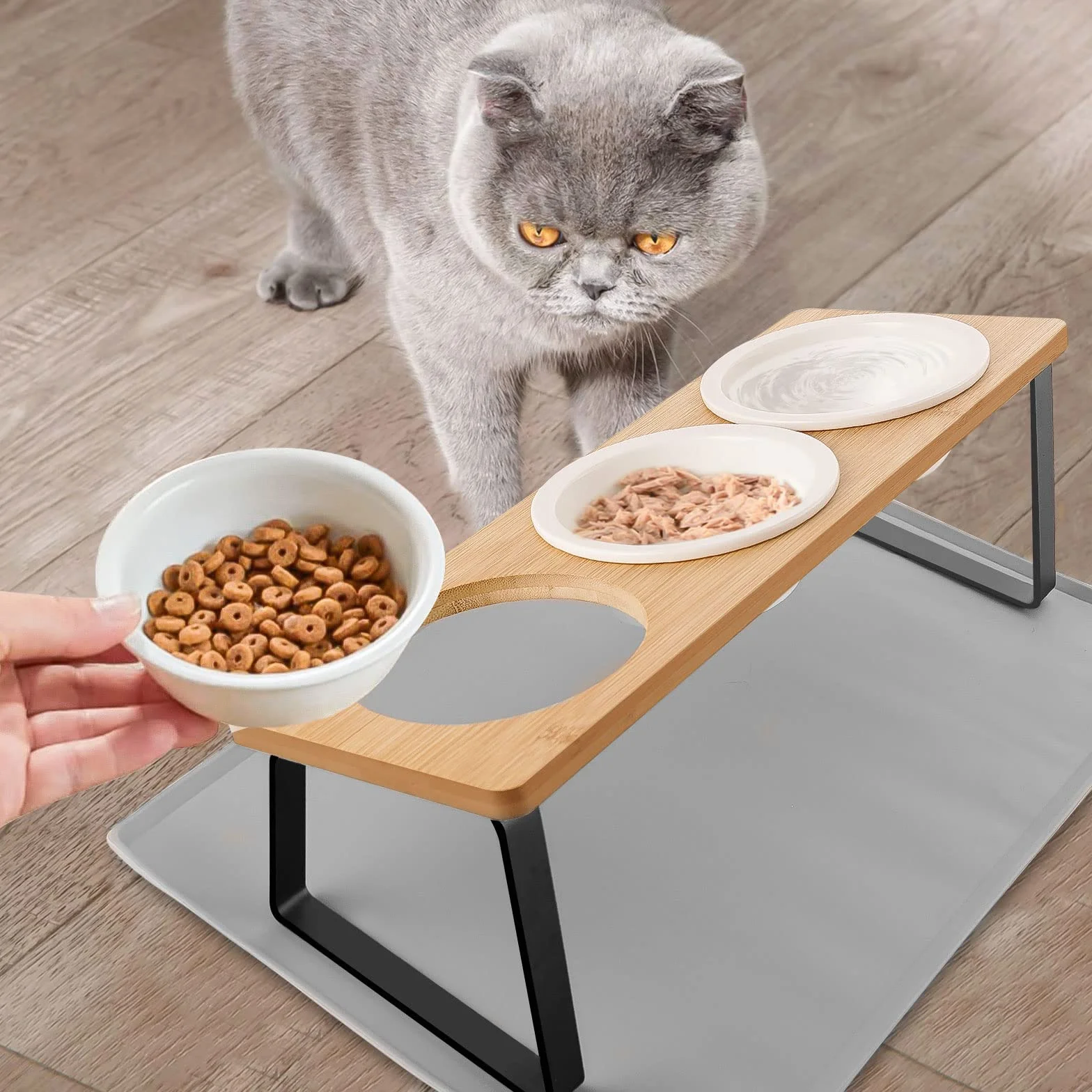Gamelle Surélevée pour Chat et Petits Chiens, 3 Bols Céramique avec Support Incliné 15° et Tapis