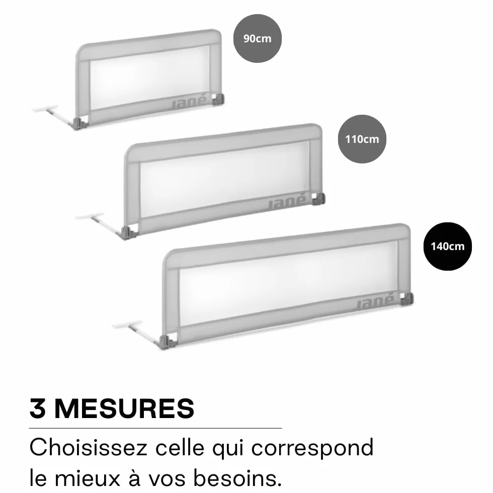 Jané Barrière de Lit Rabattable 140 cm, Extra Haute, Maille Respirante, Sac de Transport Inclus, Gris