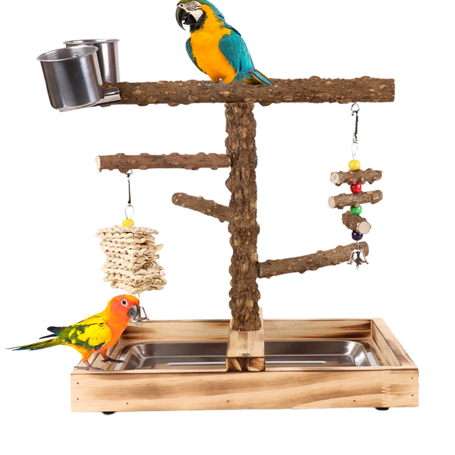 Perchoir pour Oiseaux Perchoir d'Activité avec Coupes à Nourriture | Perchoirs Bois pour Oiseaux Intérieur Extérieur Alimentation