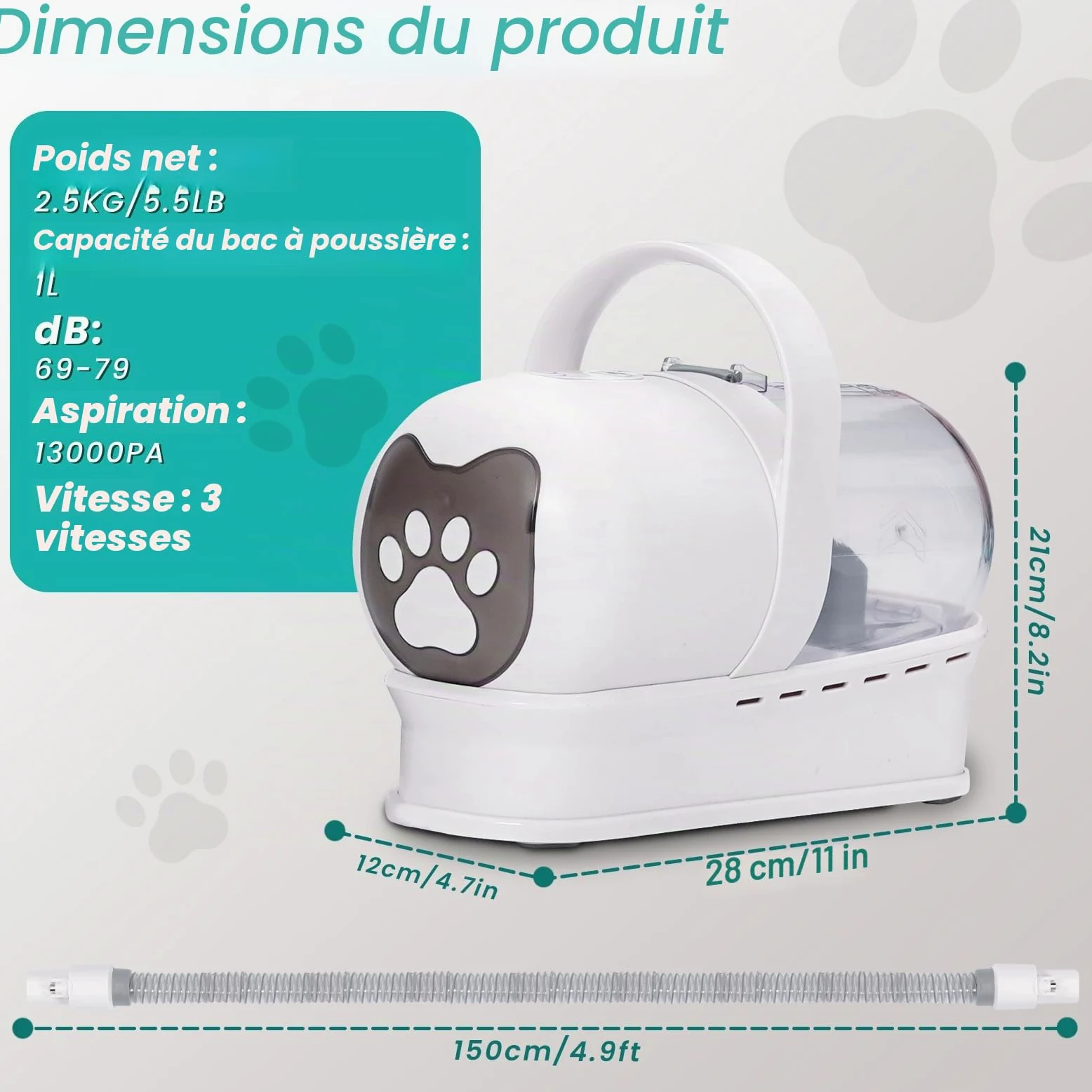 Tondeuse pour chien avec aspirateur, 13000 PA avec 7 outils d'entretien, tondeuse à pattes, brosse, peigne, 3 niveaux d'aspiration réglables
