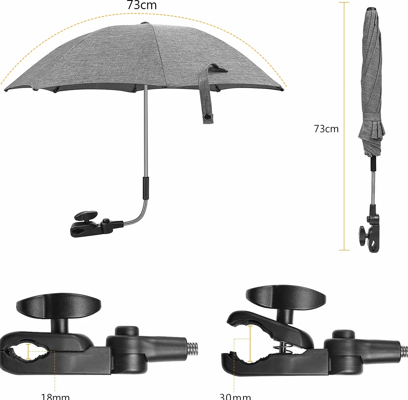 Ombrelle Parasol Anti UV Poussette Universelle 71 cm Fixation Tube Rond Oval Flexible Orientable Clip Fauteuil Roulant Gris