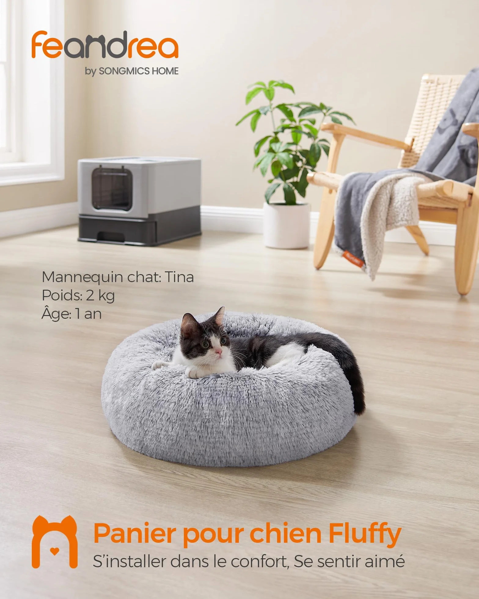 Feandrea Panier pour Chien Lit Ronde Forme Beignet Canapé Coussin Amovible Lavable Tissu Peluche Doux Ø40 cm Gris Ombré