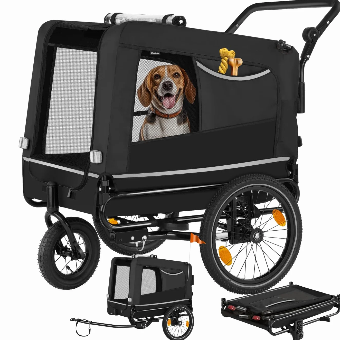 tectake Remorque Velo Chien 3 en 1 Pliable avec Reflecteurs, Drapeau, Charge Maximale 40 kg