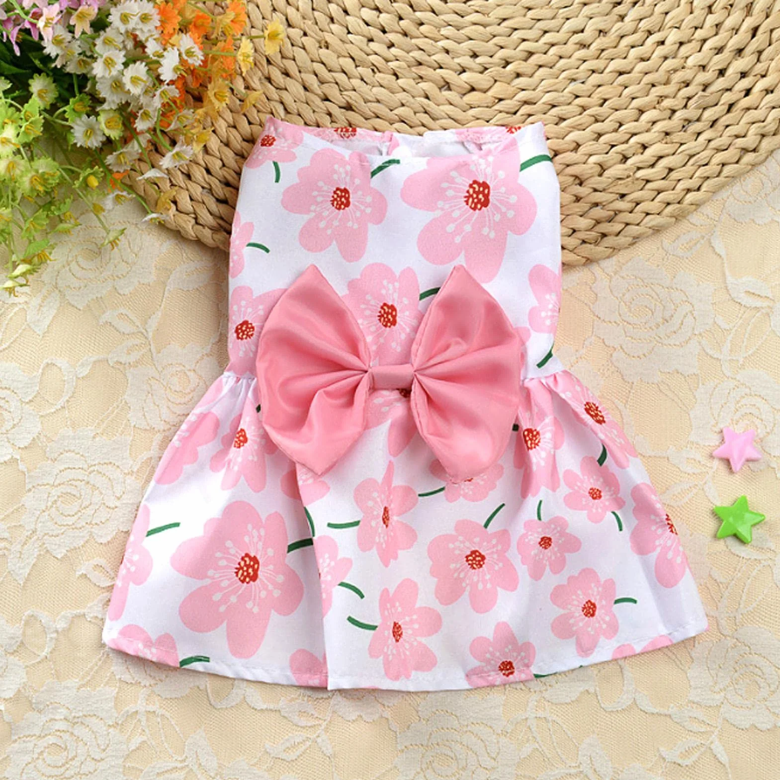 Robe pour chien avec nœud et fleurs décoratives – été mignonne pour chihuahua Yorkie taille XS bleu
