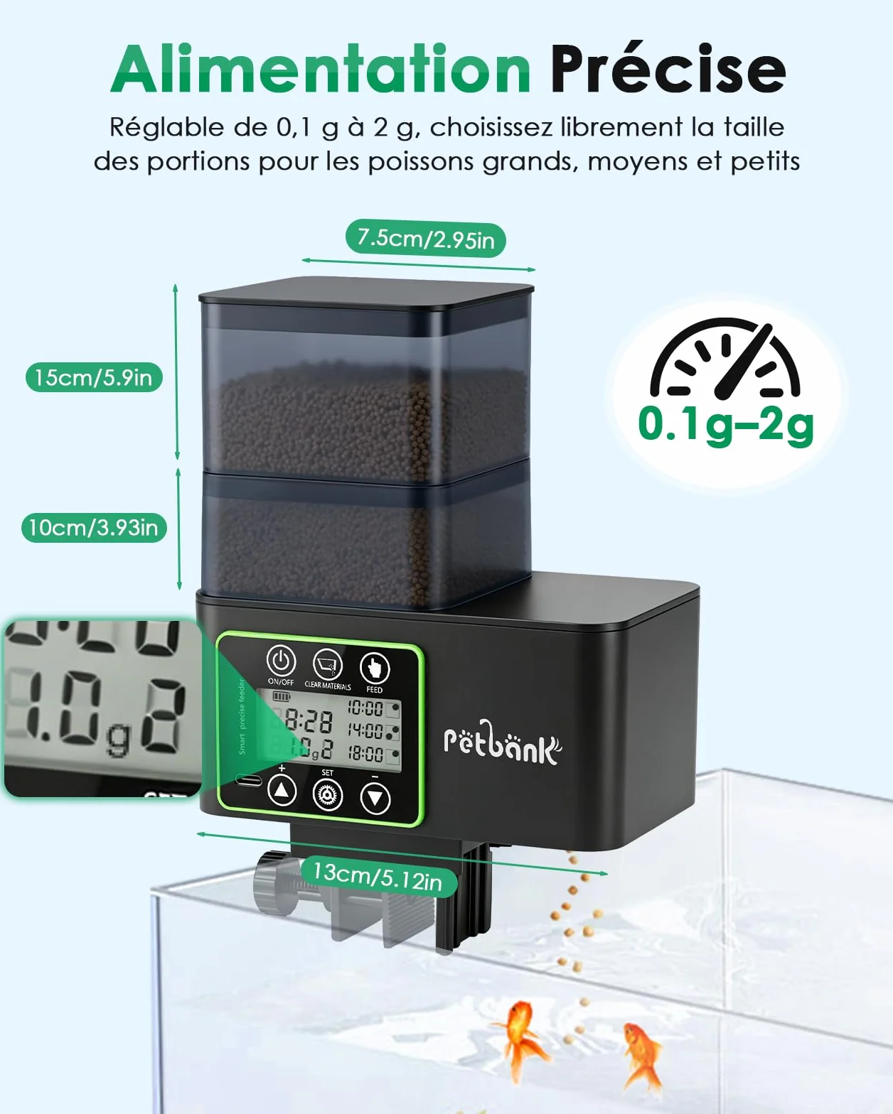 Distributeur Nourriture Poisson 230/510mL, Distributeur Automatique Poisson avec Timer, Distributeurs de Nourriture Aquarium Rechargeable USB, Écran LCD – Distributeurs de Nourriture Aquarium
