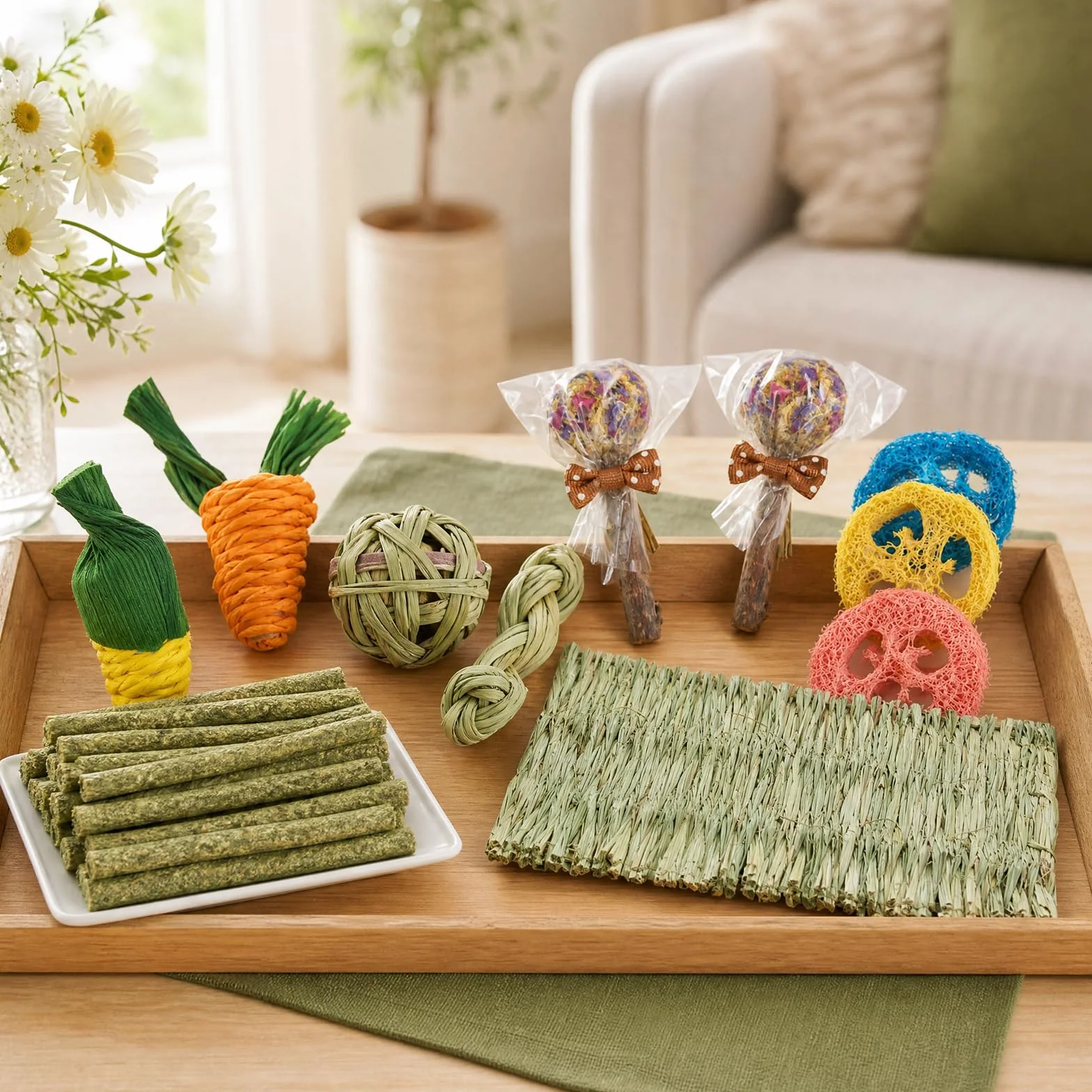 Sporgo Lot de 14 jouets pour lapin avec 2 tapis de paille, jouets d'herbe pour soins dentaires