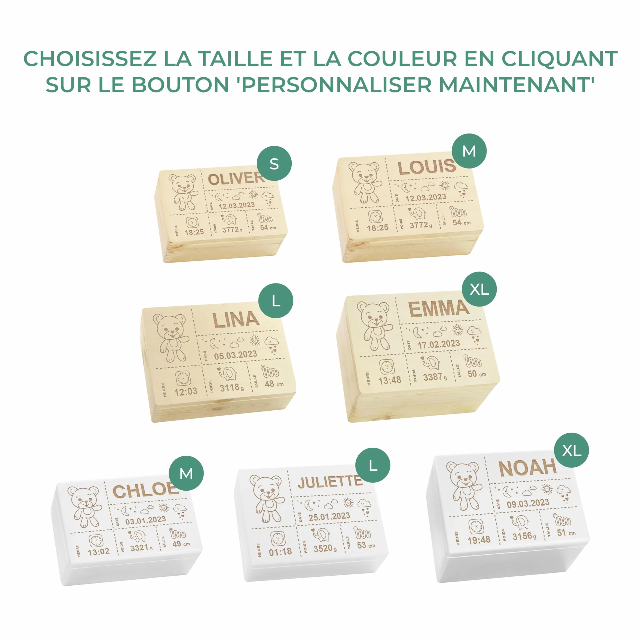 Boîte à souvenirs bébé personnalisée LAUBLUST - Cadeau de naissance avec prénom, ours en peluche, tailles S M L XL, bois naturel ou blanc FSC