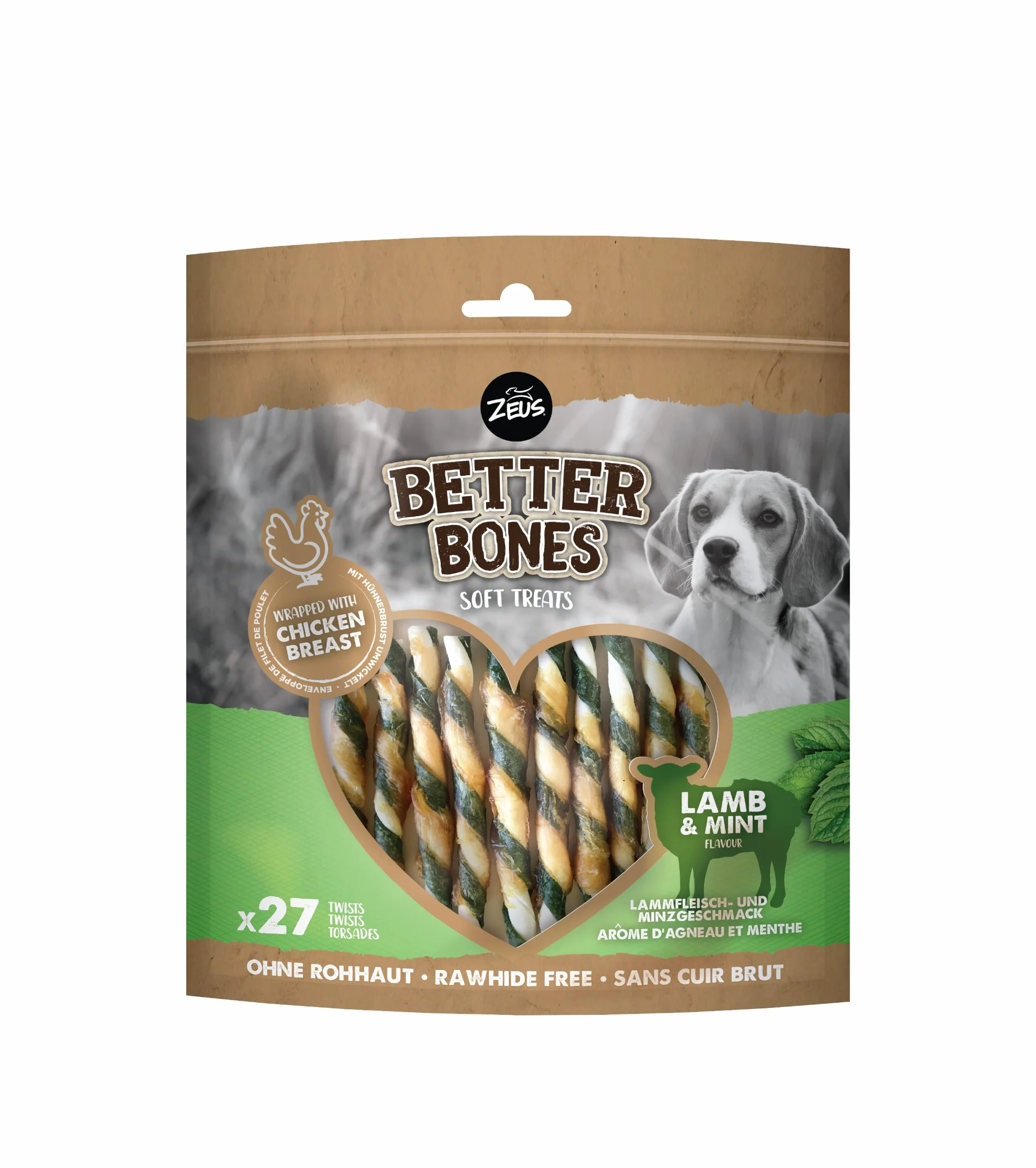 BetterBones Lot de 27 friandises à mâcher Douces pour Chien, sans Peau Brute, Torsades enveloppées d'agneau et de Menthe, 12,5 cm