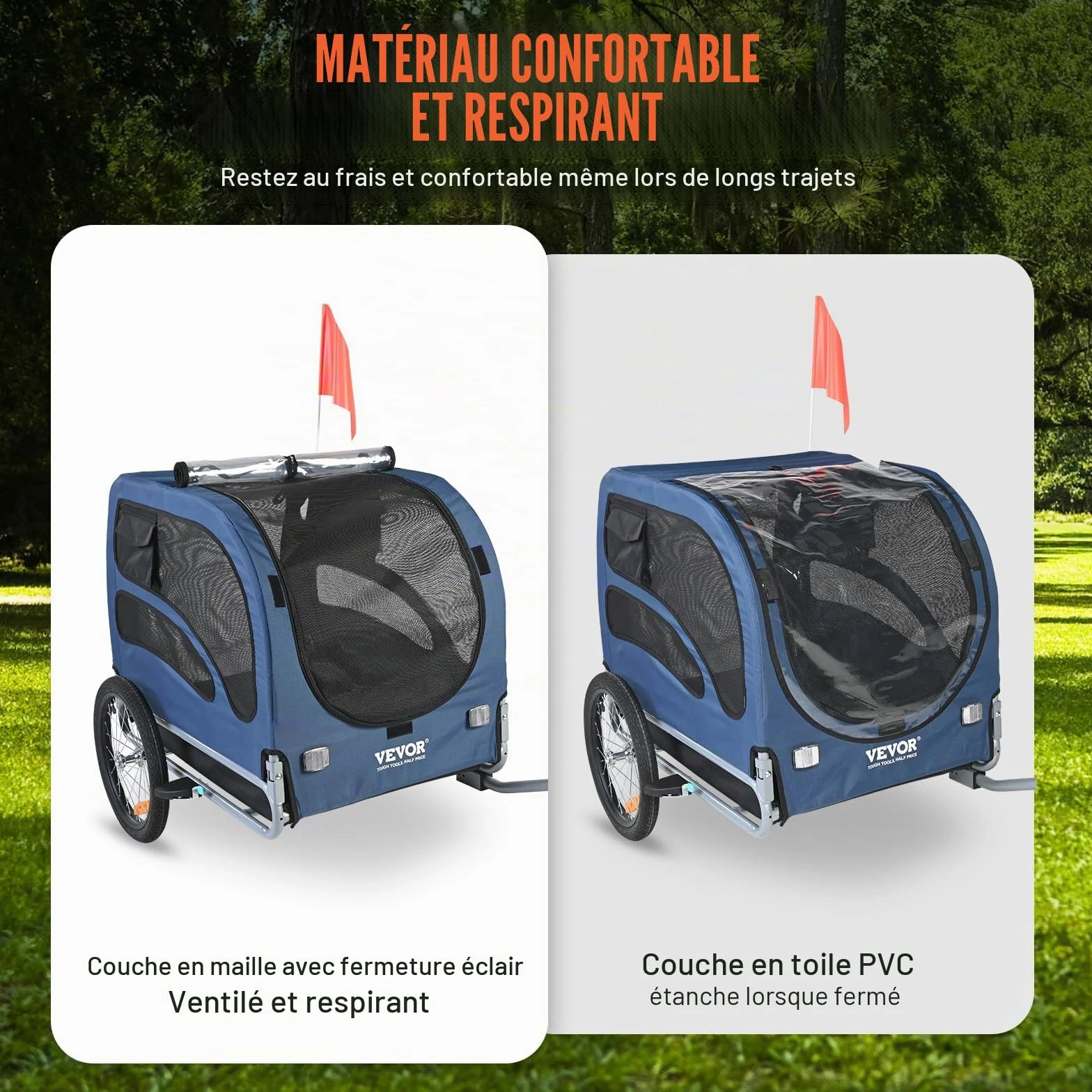 VEVOR Remorque de vélo pour Chien 30 kg Acier au Carbone Tissu Oxford 600D Pliable 1440 x 720 x 779 mm Orange Gris