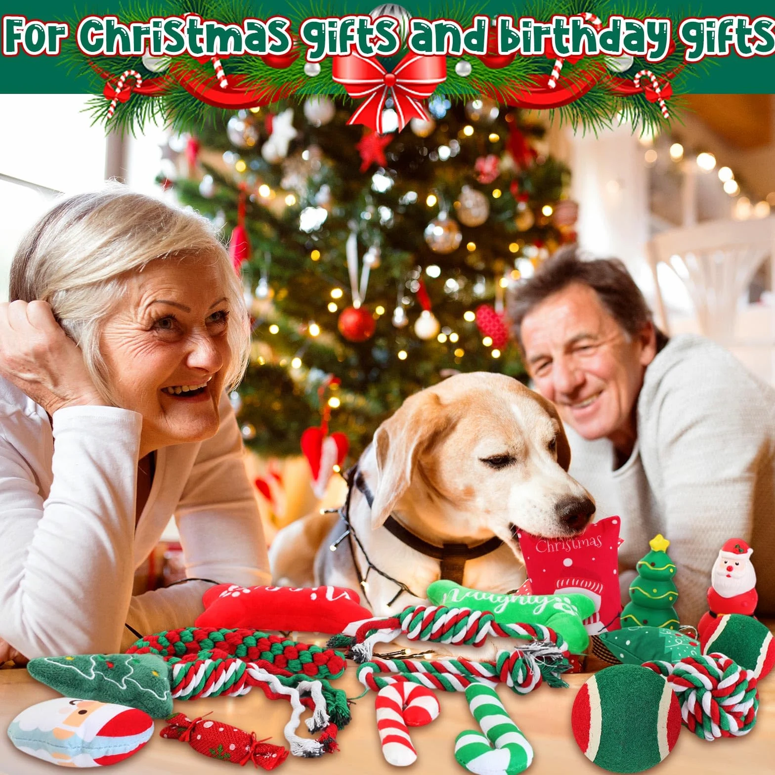 Lot de 16 jouets de Noël pour chien - Jouets couineurs en corde à mâcher pour chiens de petite, moyenne et grande taille - Cadeau de dentition