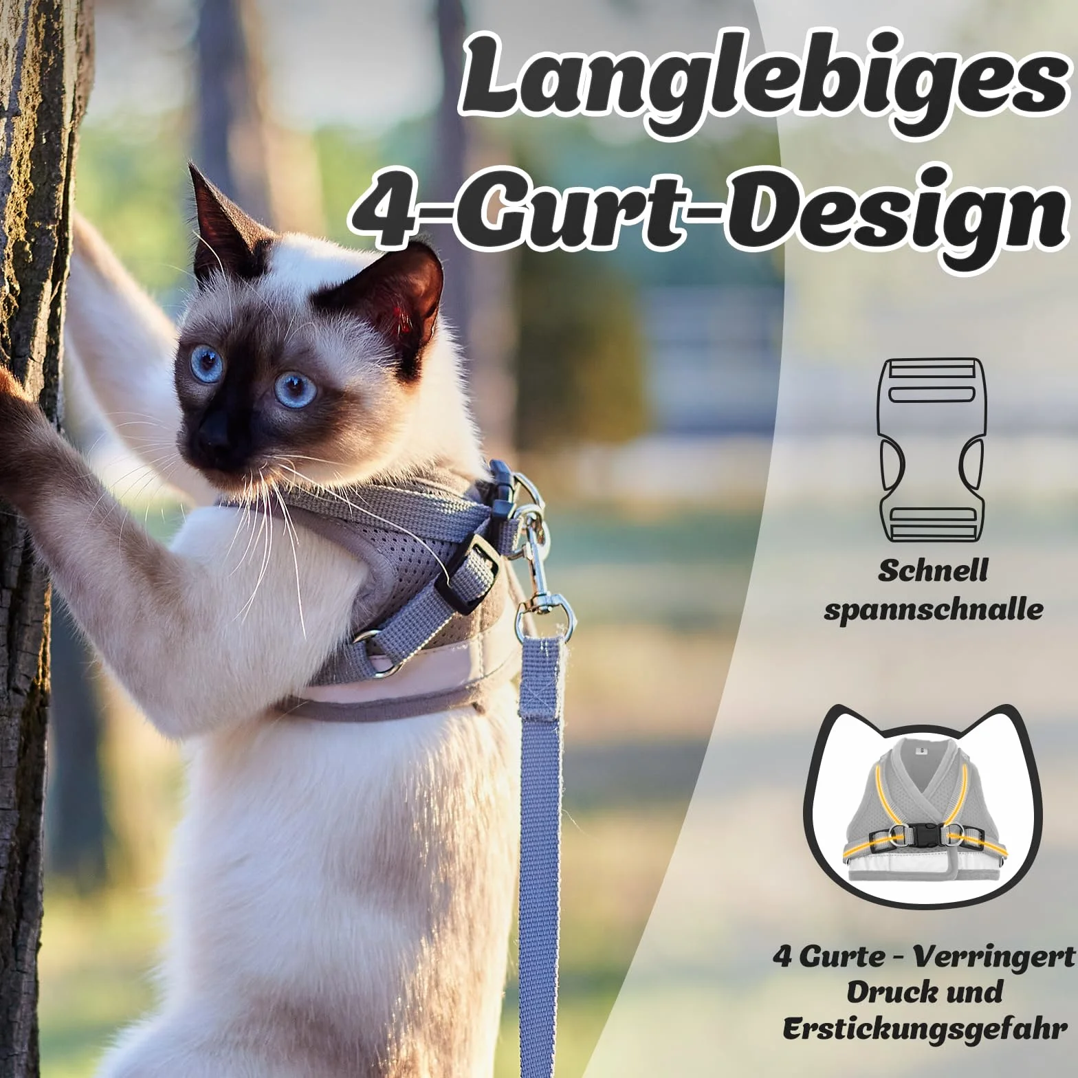 Harnais pour chat avec laisse anti-éclatement, réglable, doux, gris, taille S 26-32 cm