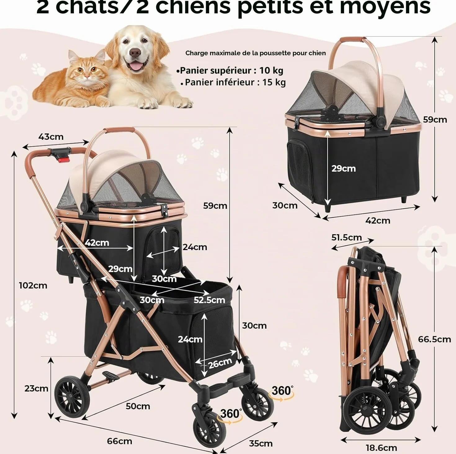 MAMIZO Poussette Double pour Chien, Pliable Poussette pour 2 Animaux Jusqu'à 15 kg, Transporteur pour Chats avec Coussins et Porte-gobelet, sac de Transport pour Cage pour Chien, 4 PCS Roues, Noir