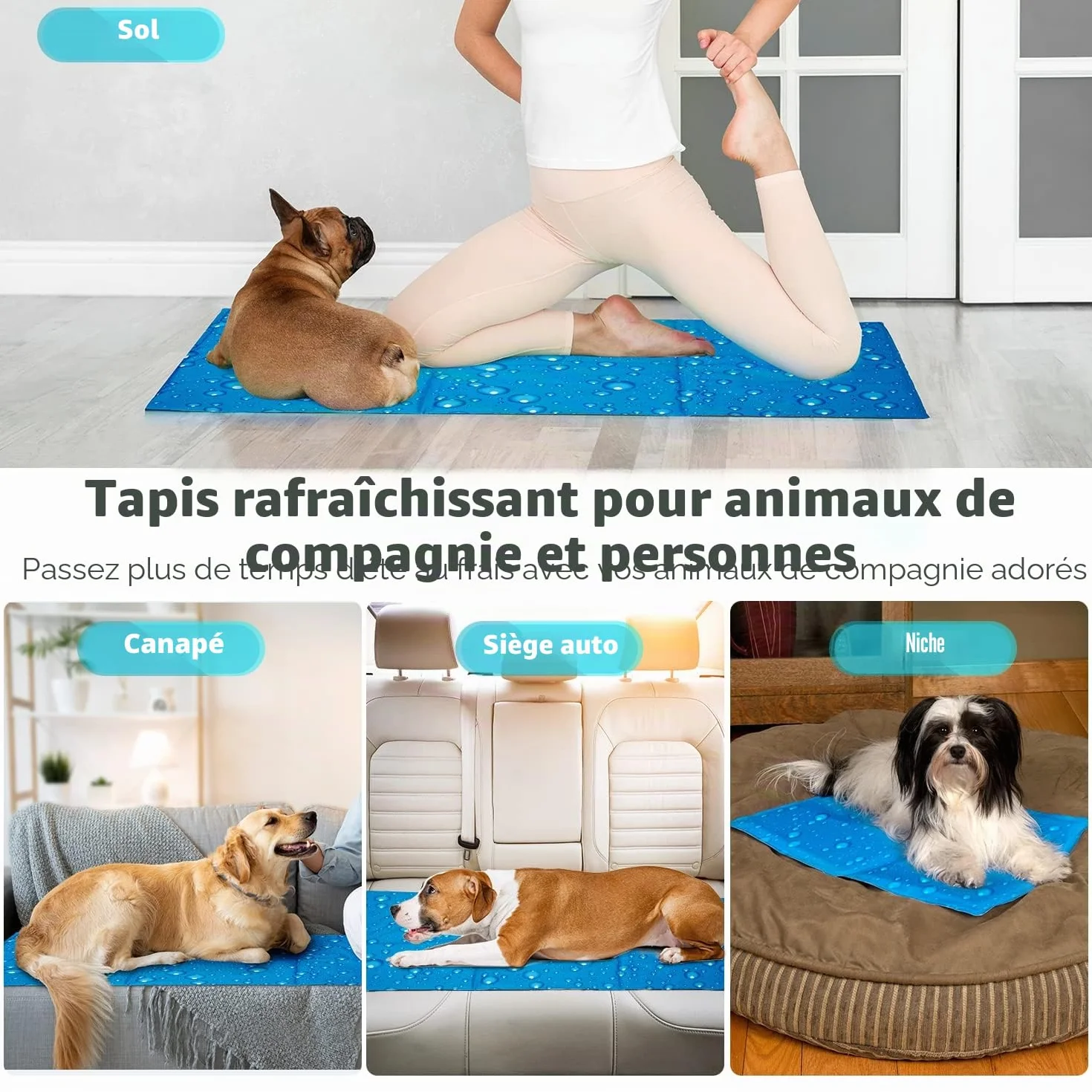 Zellar Tapis Rafraichissant Chien L 90x50cm Auto-refroidissant Gel Non-Toxique Grand Tapis Refroidissement