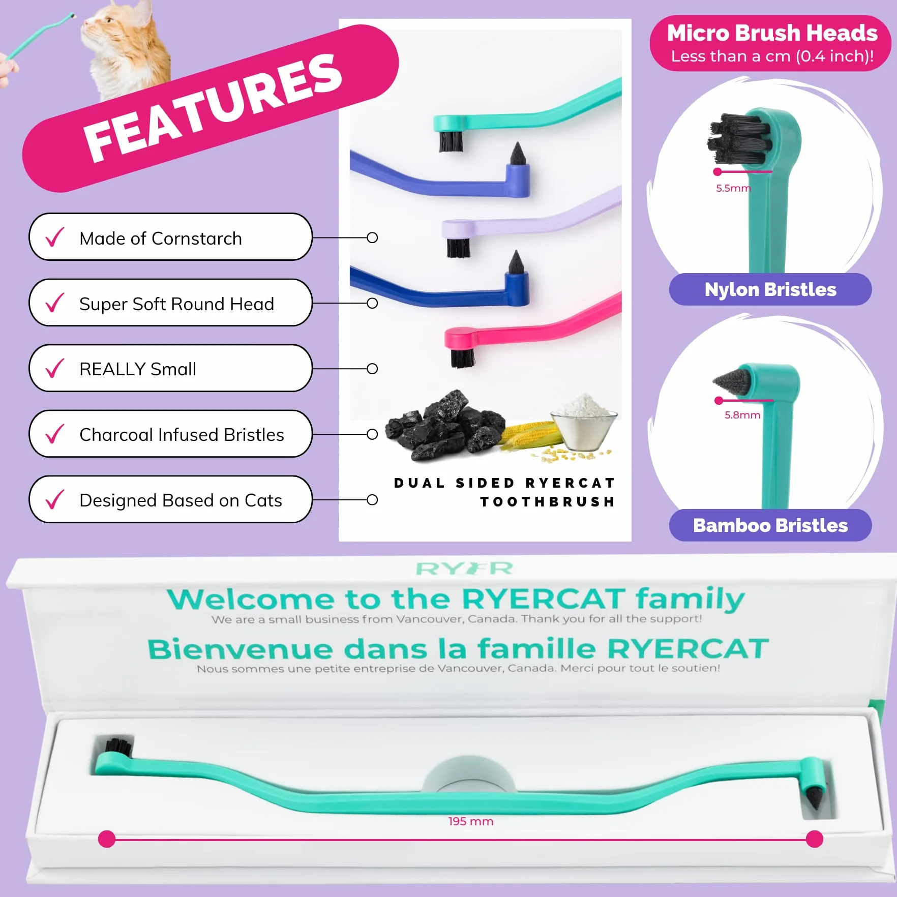 RYERCAT Ocean Brosse à dents double face pour chat 8 mm