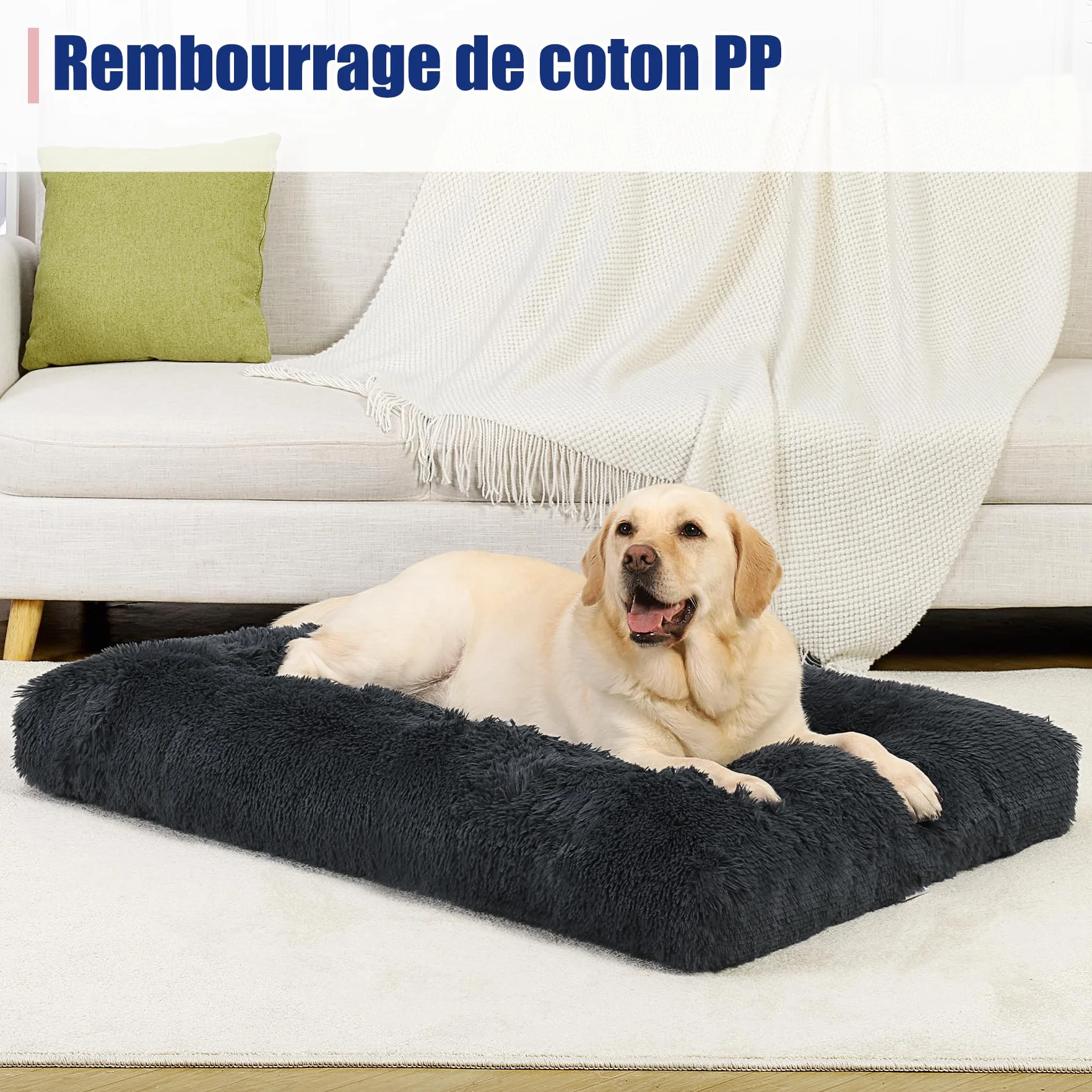 KSIIA Panier pour Chien Grande Taille XL 105x70cm Coussin Lavable Tissu Peluche Doux Base Antidérapante Tapis Matelas Lit Anti-Stress Gris Foncé