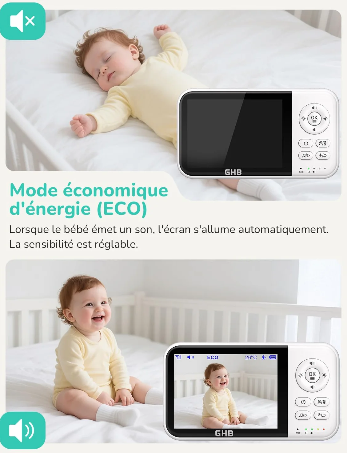 Babyphone Caméra Bébé Surveillance 3,2 pouces LCD 2100mAh Capteur de Température Vision Nocturne 2X Zoom Audio Bidirectionnel