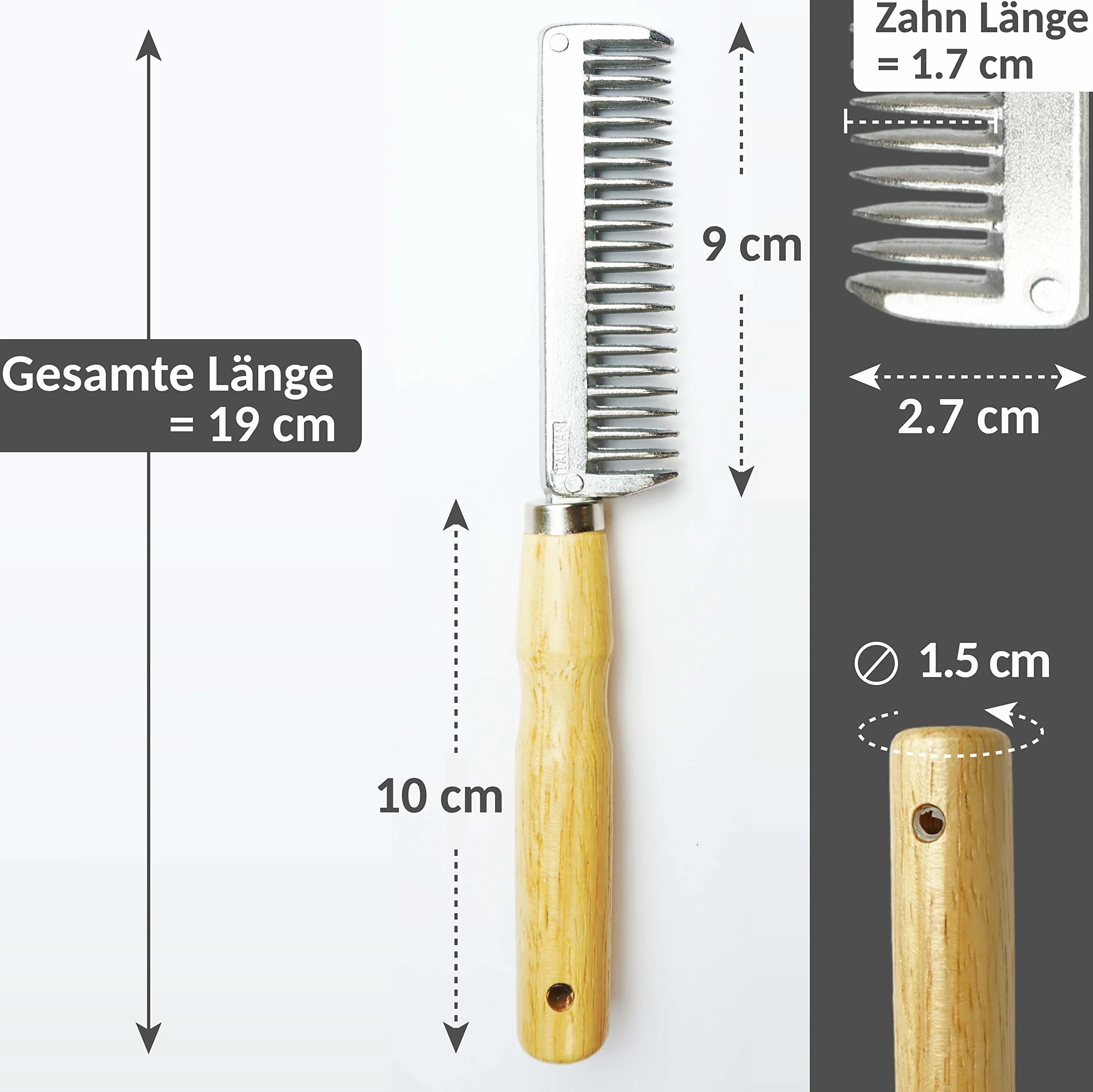 Peigne à crinière pour cheval en métal avec manche en bois