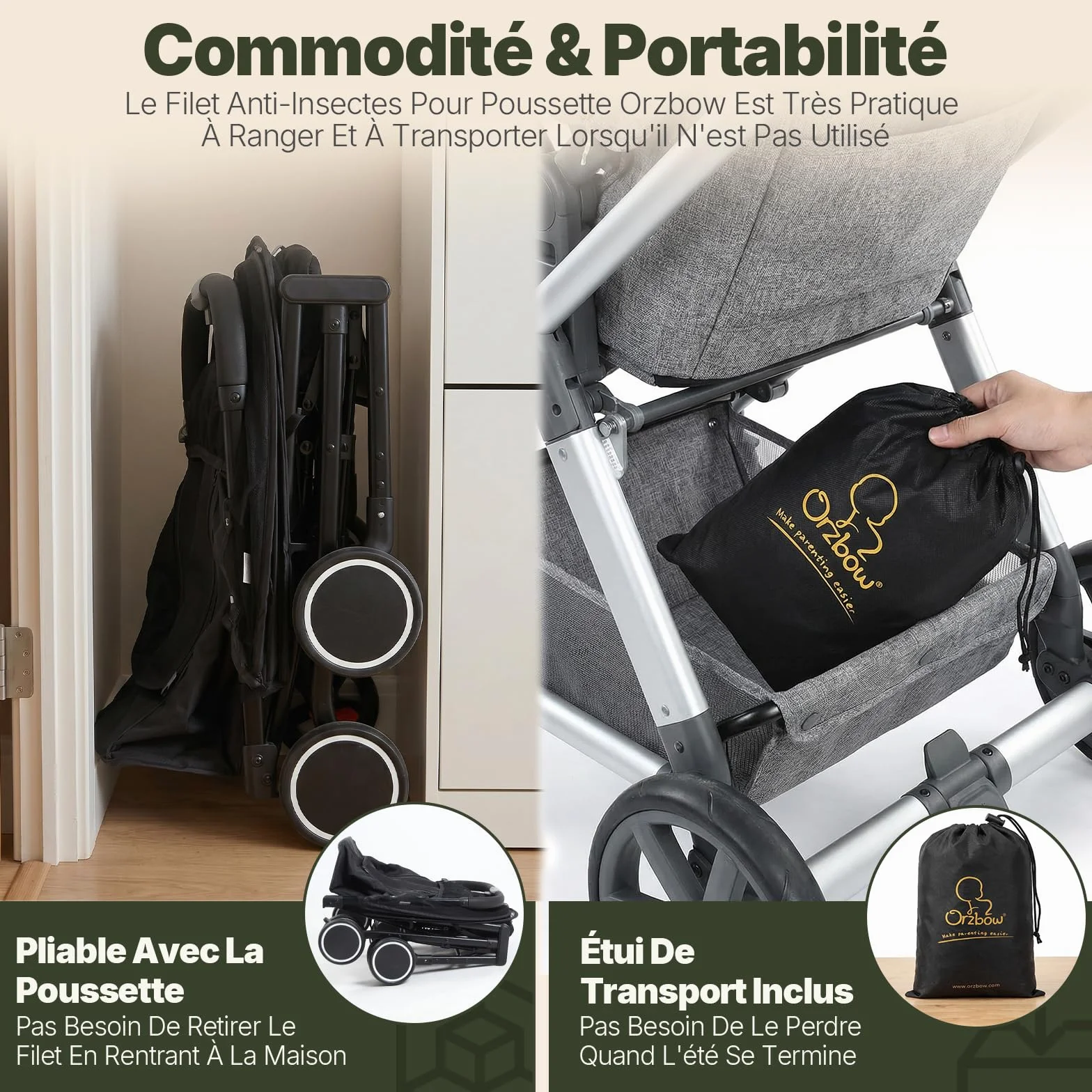 Orzbow Moustiquaire Poussette Universelle avec Fermeture éclair, Respirant Protection Anti-Insectes, 3D PVC Tissu à Maille Fine, Sac Inclus (Noir)