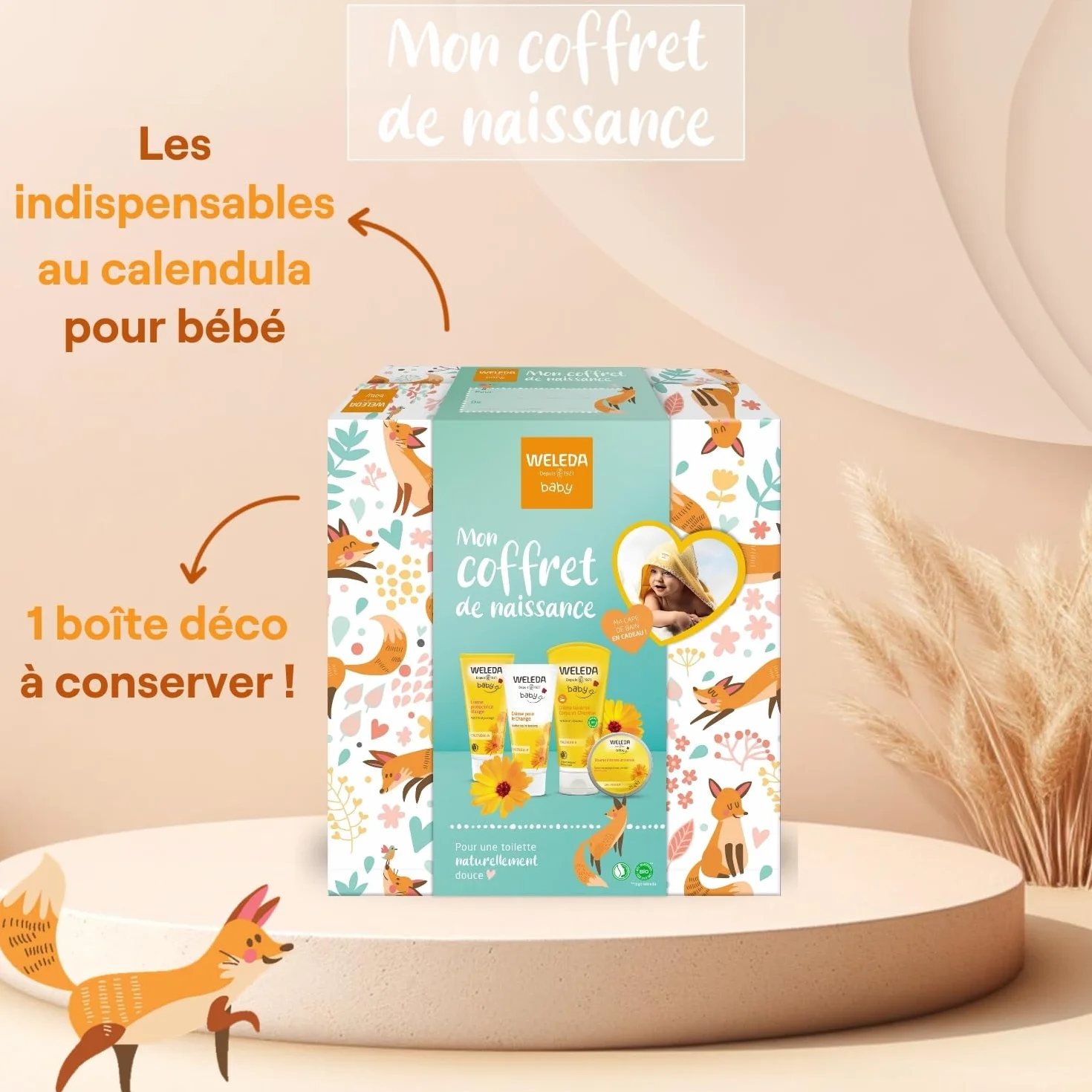 WELEDA Coffret Cadeau Naissance Soins Douceur Bébé Calendula Crème Lavante Visage Change Baume Cape Bain Coton Bio NATRUE 200ml+75ml+50ml+25g
