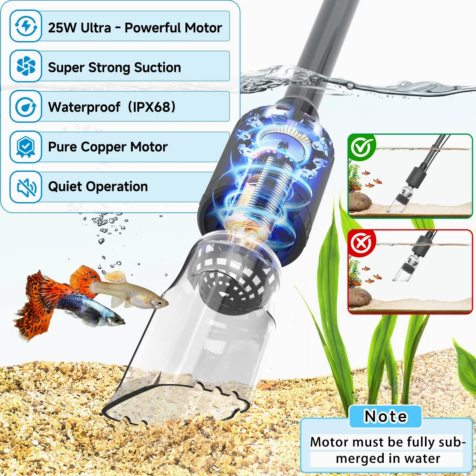 fishkeeper DC Controller Aspirateur à mulm pour aquarium électrique avec débit réglable 6 en 1 - Kit de changement d'eau électrique sûr et nettoyant pour gravier - 25 W